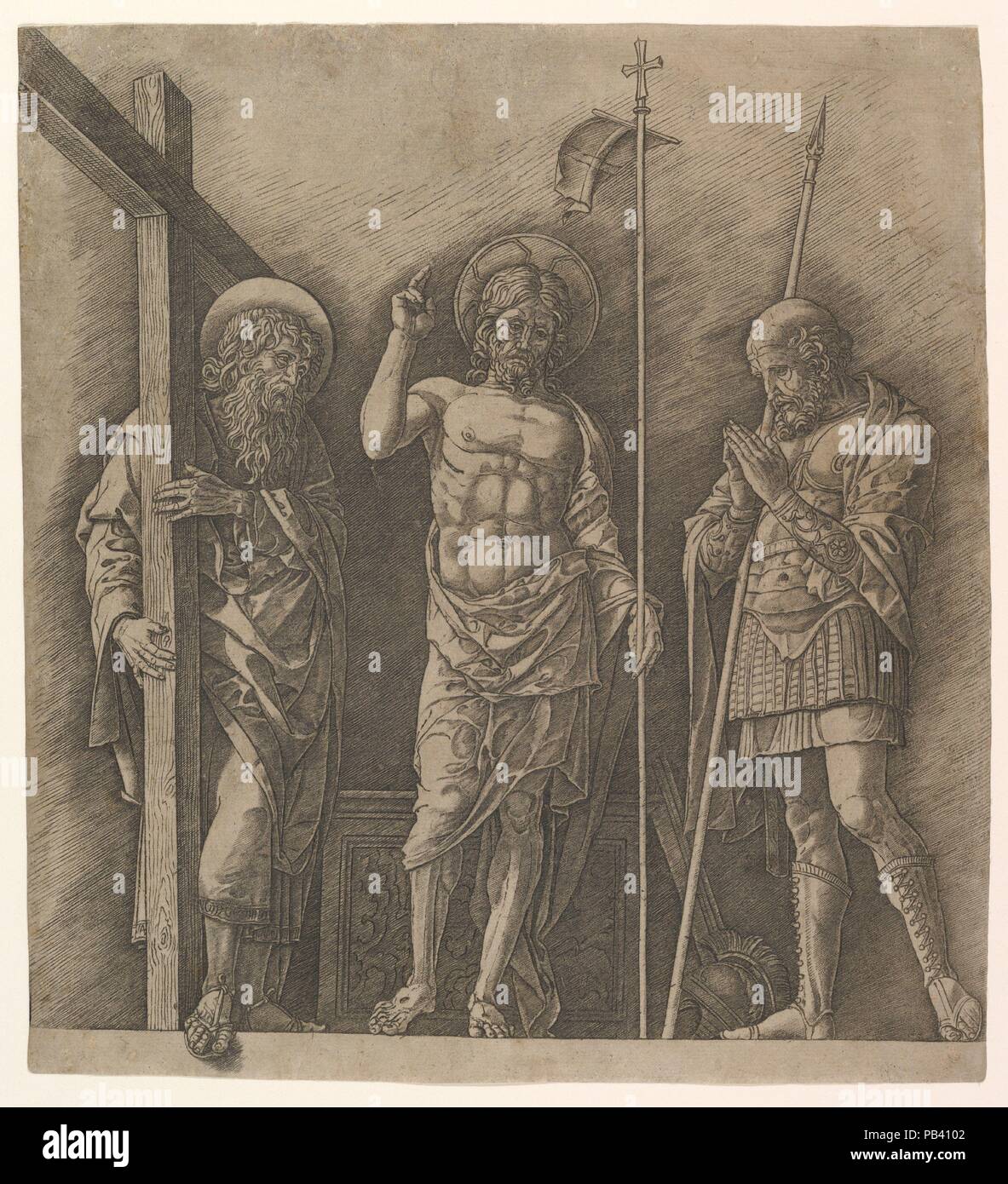 Der auferstandene Christus zwischen Heiligen Andreas und der Heiligen Longinus. Artist: Andrea Mantegna (Italienisch, Isola di Carturo 1430/31-1506 Mantua). Abmessungen: Platte: 12 3/8 x 11 3/8 in. (31,5 x 28,9 cm). Datum: Ca. 1472. Dieser Ausdruck gehört zu einer Gruppe von sieben Stichen, die traditionell die große Renaissance Künstler Andrea Mantegna zugeschrieben worden sind. Reich Auswirkungen von Ton und Modellierung werden durch parallele diagonale Bruteier erreicht, so fein in diesem Druckjob erbrachte, dass die Linien aufzulösen. Starke contors, die sind so vielfältig und biegsam wie ein Stift, kraftvoll heraus zu schnitzen, die Zahlen. T Stockfoto