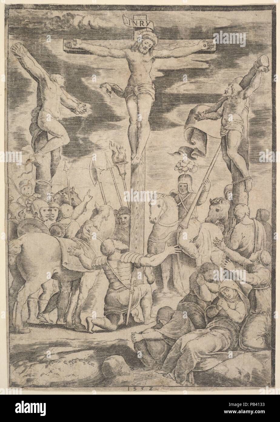 Die Umstellung der Hauptmann, der schleudert seine Arme vor Christus am  Kreuz geöffnet. Artist: Meister der Sterben (Italienisch, aktive Rom, Ca.  1530-60). Maße: Blatt: 8 7/16 x 5 7/8 in. (21,5 x