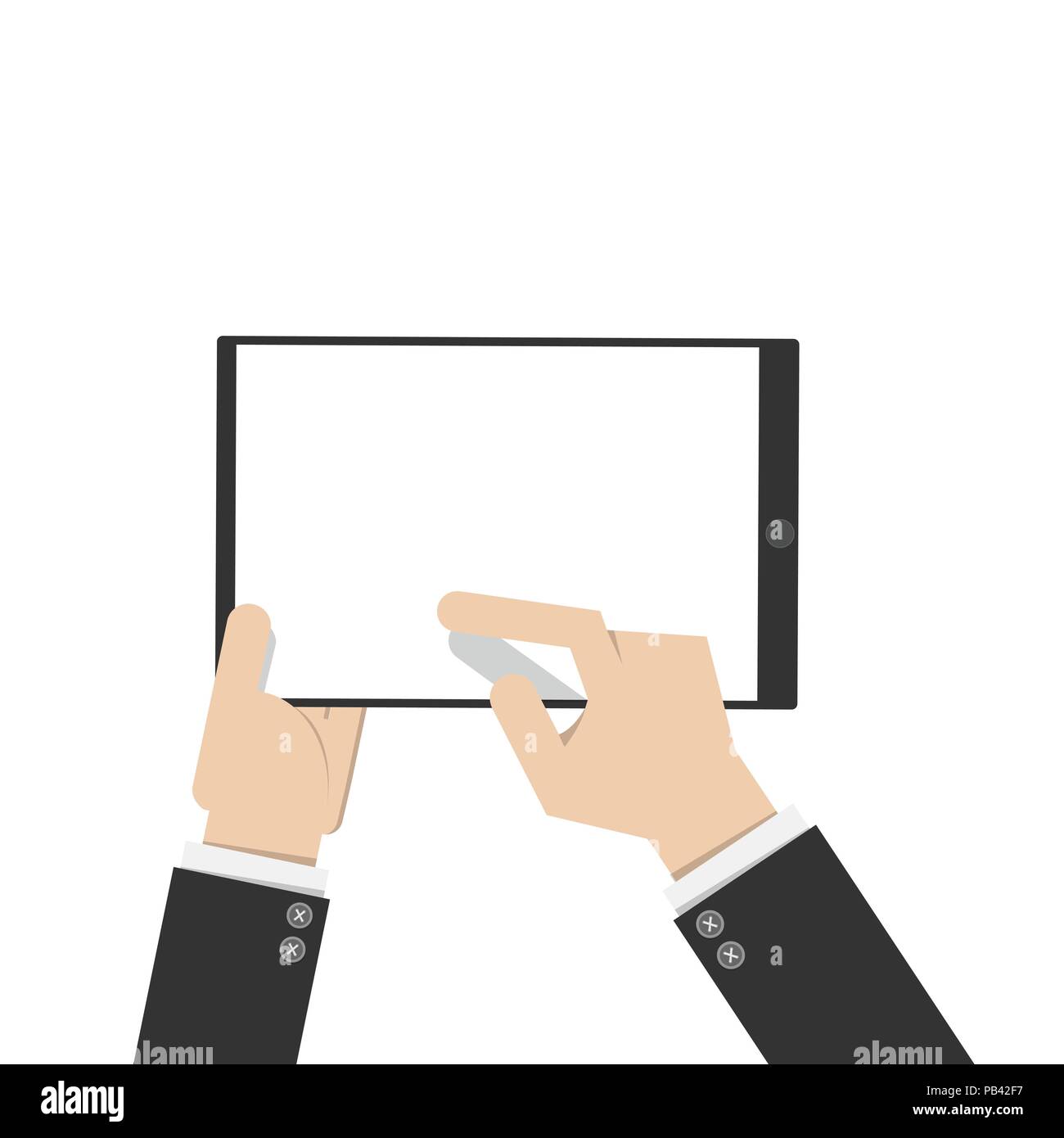 Kaufmanns Tablet und zeigte mit dem Finger auf dem leeren weißen Bildschirm. Tablet und Internet Technologie Konzept. Vector Illustration flache Bauweise Stock Vektor
