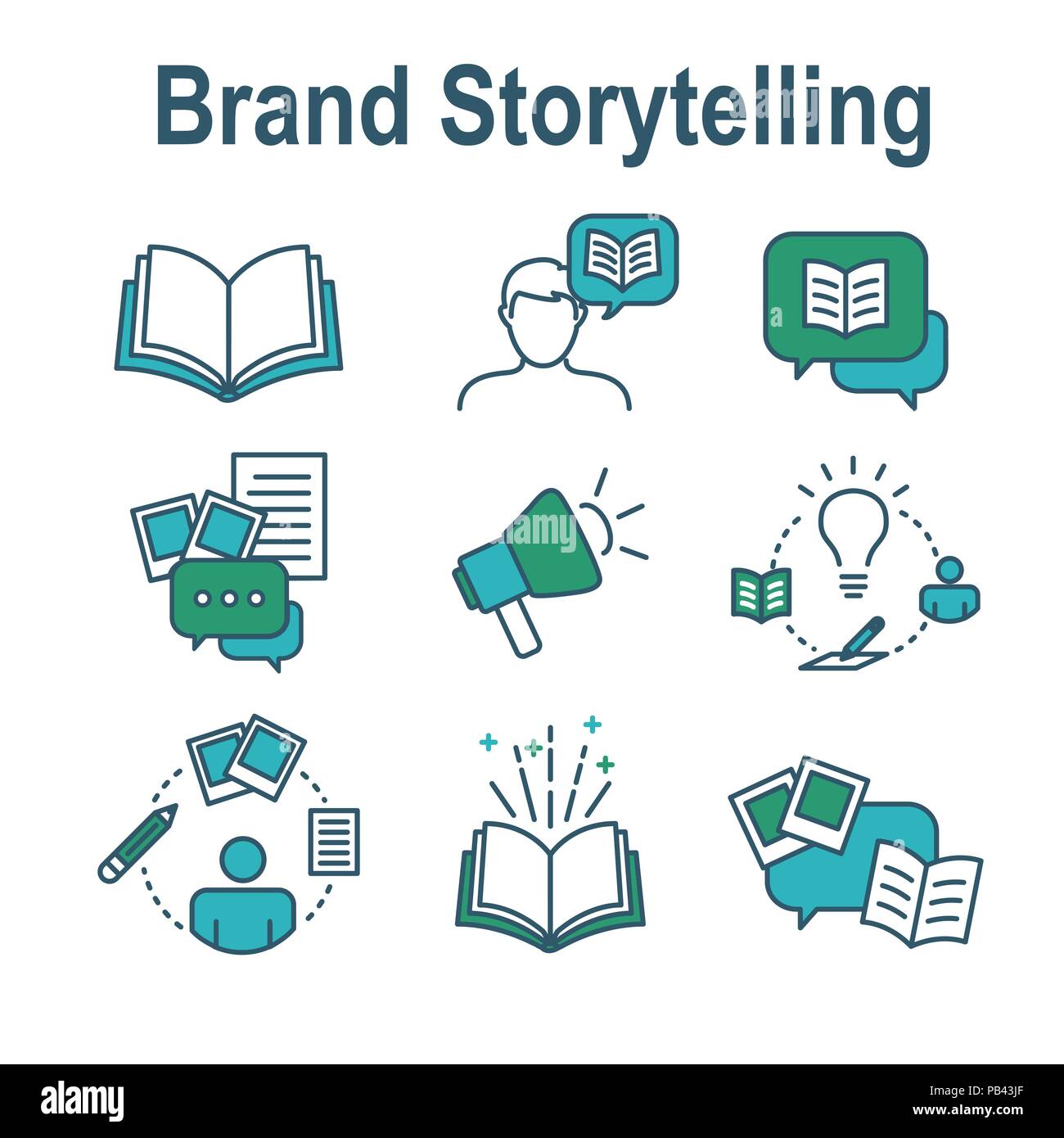 Storytelling Symbol mit Foto, Sprechblasen, und Person erzählen eine