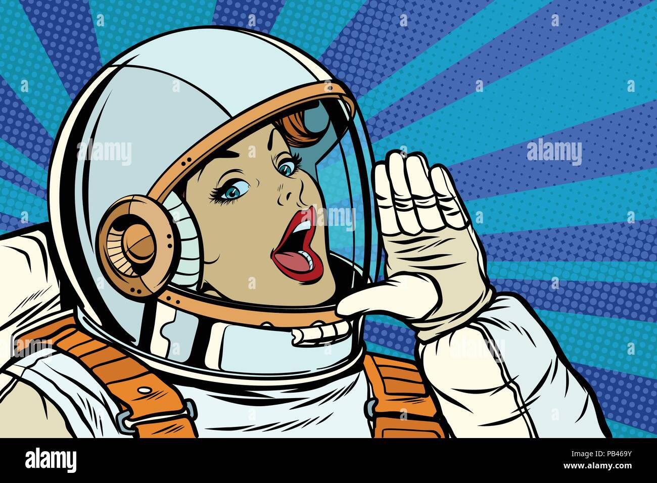 Frau Astronaut um Hilfe ruft Stock Vektor
