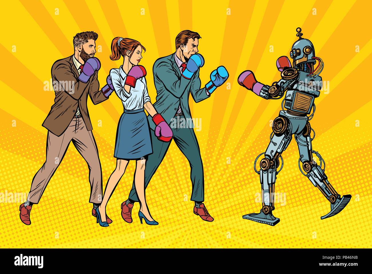Menschen mit einem Roboter. Menschlichkeit und neue Technologien Stock Vektor