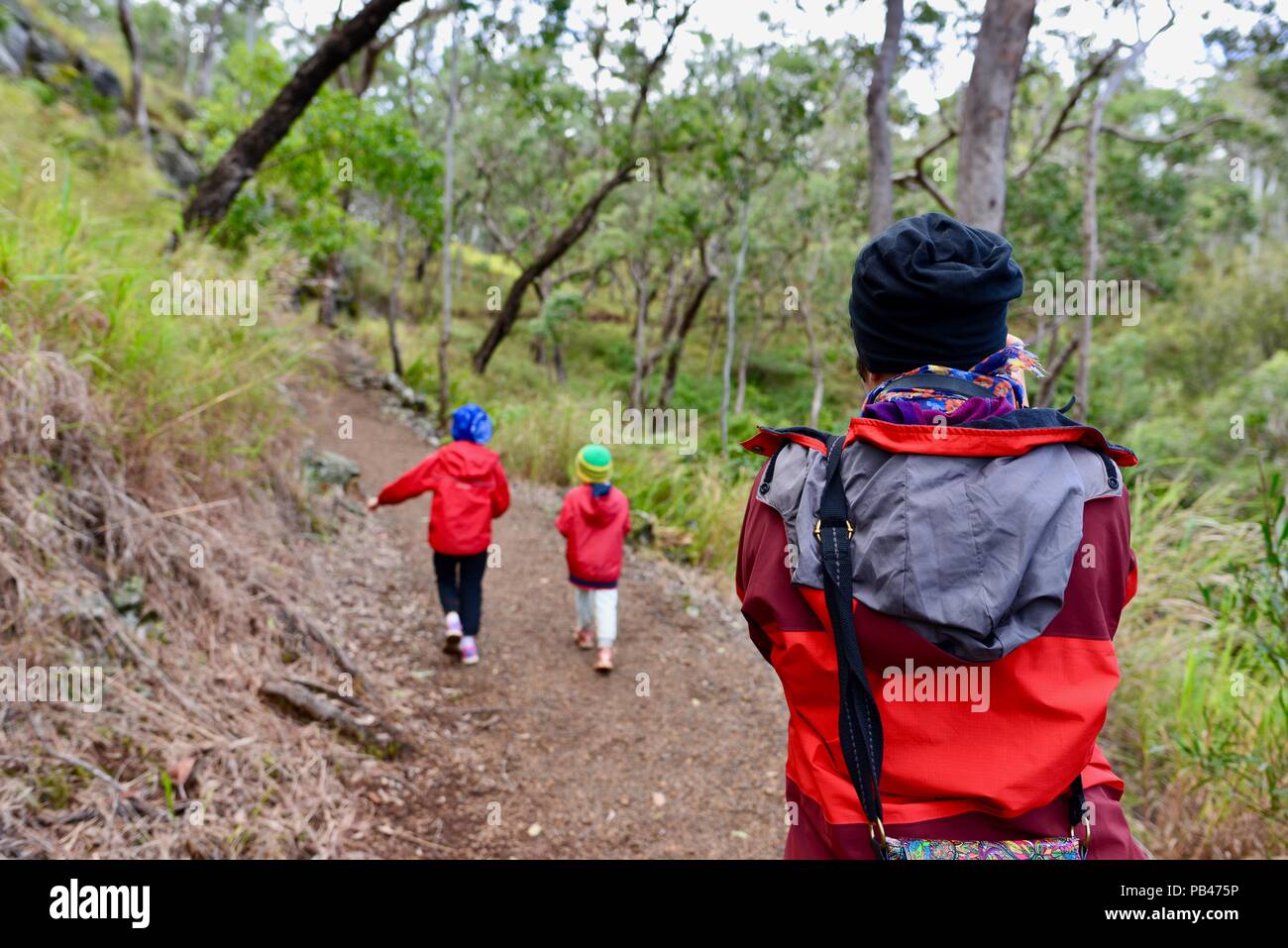 Eine Mutter Fotos Kinder zu Fuß den Weg zu wenig Millstream Falls, Millstream Falls National Park, Atherton Tablelands, QLD, Australien Stockfoto