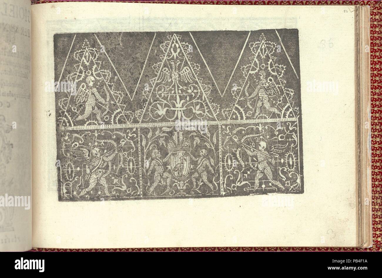 Corona delle Donne Nobili et wirbelnden Rondothema fort: Libro I-IV, Seite 86 (recto). Abmessungen: Insgesamt: 5 1/2 x 7 11/16 in. (14 x 19,5 cm). Erschienen in: Venedig. Herausgeber: Cesare Vecellio (Italienisch, Pieve di Cadore 1521-1601 Venedig), Venedig. Datum: 1601. Von Cesare Vecellio, Italienisch, Pieve di Cadore 1521-1601 Venedig, Venedig veröffentlicht. Von oben nach unten und von links nach rechts: Design aus 2 horizontalen Registern. Startseite Registrieren ist mit 3 Dreiecken dekoriert: links und rechts Dreiecke sind mit einem cherub mit Pfeil und Bogen nach unten Streben verziert, und dem mittleren Dreieck ist mit einem doppelköpfigen Vogel verziert Stockfoto