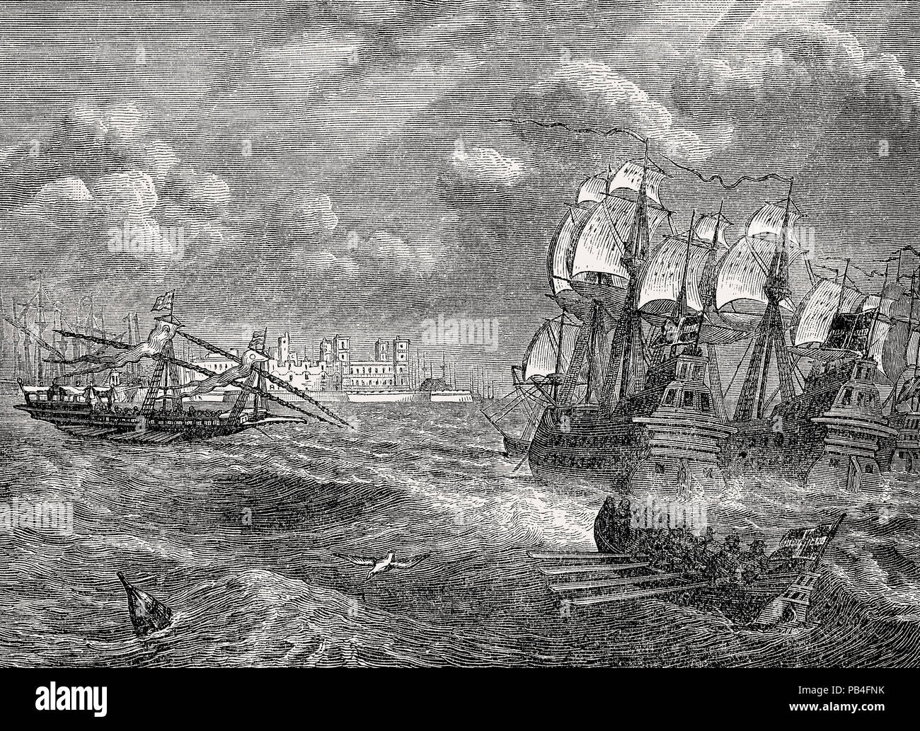 Die Schlacht von Cadiz Bay 1596, anglo-spanish Krieg vom Britischen Schlachten auf Land und Meer, von James Grant Stockfoto