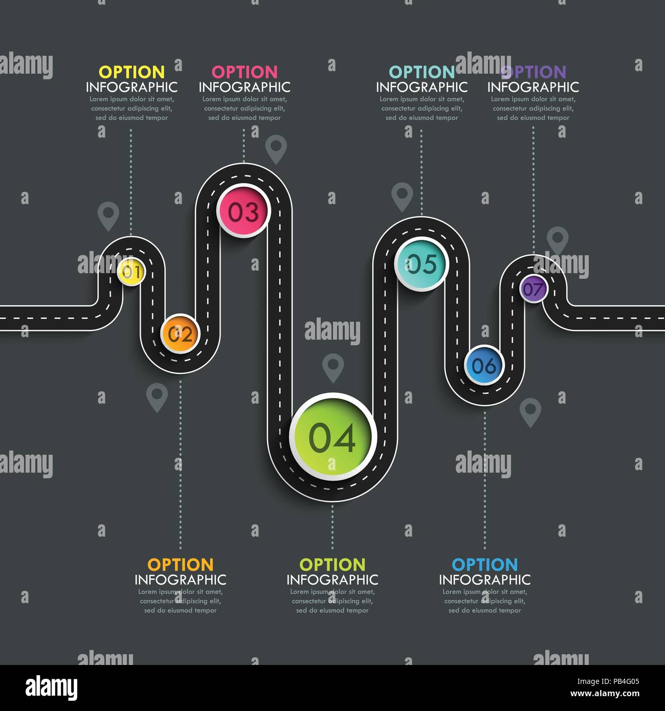 Kurvenreiche Straße lage Infografik Vorlage mit einer Phased-array-Struktur. Vector EPS 10. Stock Vektor