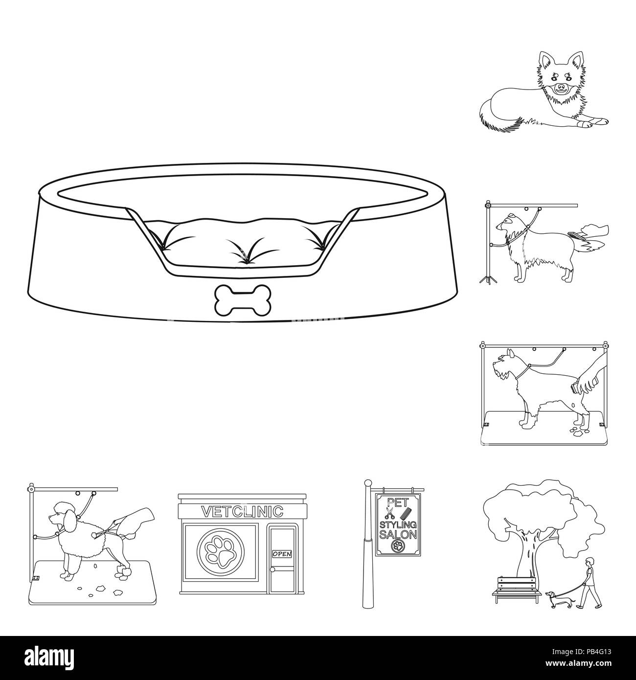 Pet-outline Symbole im Set Sammlung für Design. Pflege und Erziehung vektor Symbol lieferbar Abbildung. Stock Vektor