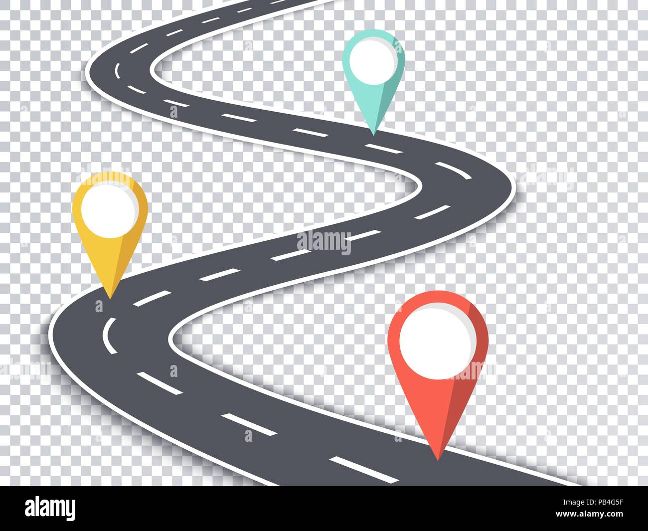 Kurvenreiche Straße isoliert Transparent besondere Wirkung. Straße Ort Infografik Vorlage mit Pin-Zeiger. Vector EPS 10. Stock Vektor
