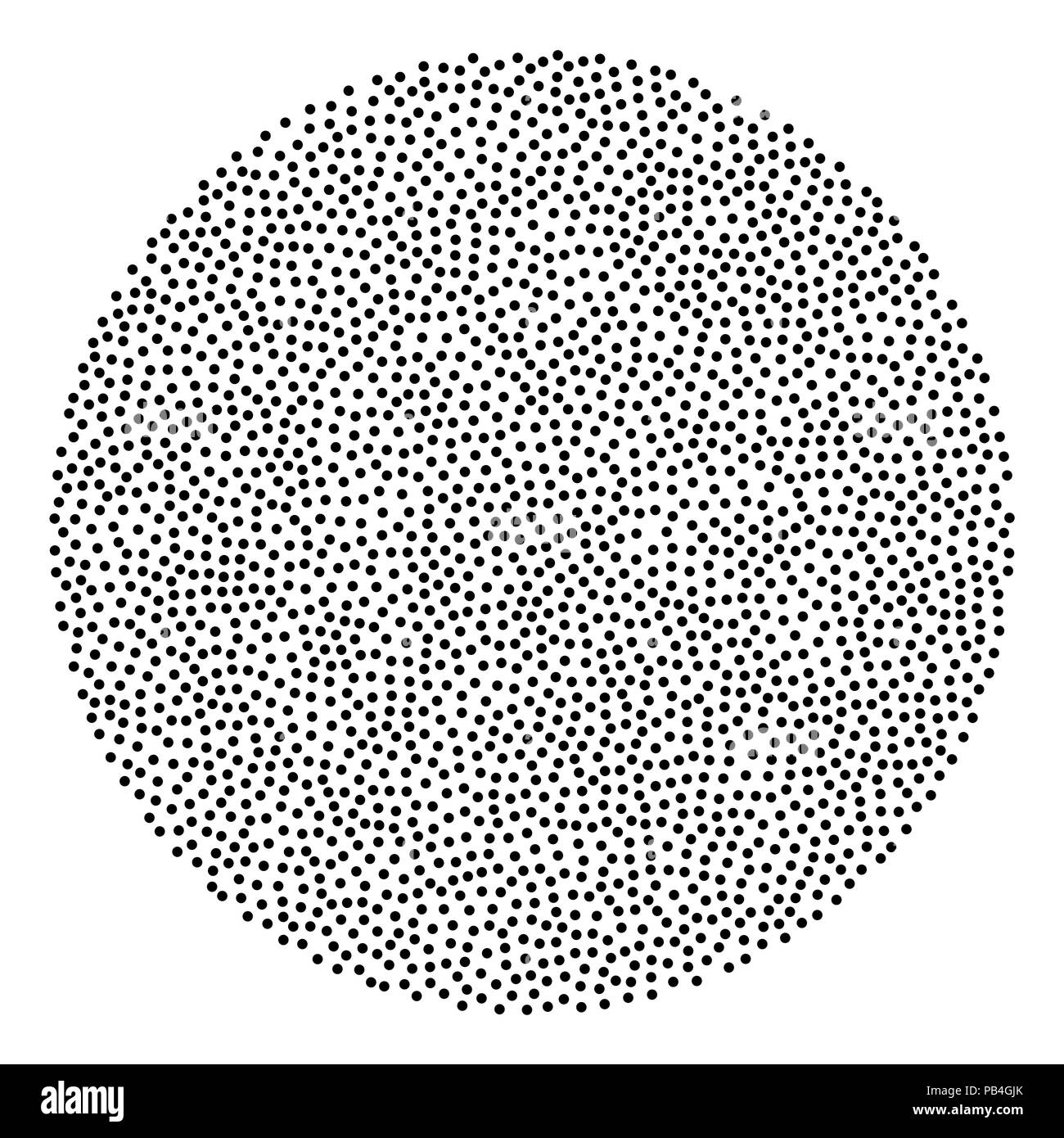 Kreis förmige Hintergrund aus schwarzen Punkten. Kreisförmiges Gebiet, aus zufällig kleine Flecken. Beschmutzt. Isolierte Abbildung über Weiß. Stockfoto