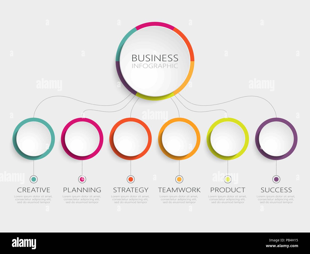 Abstrakten 3D Infografik Vorlage mit 6 Schritte zum Erfolg. Business Circle Vorlage mit Optionen für die Broschüre, Diagramm, Timeline. Vector EPS 10. Stock Vektor