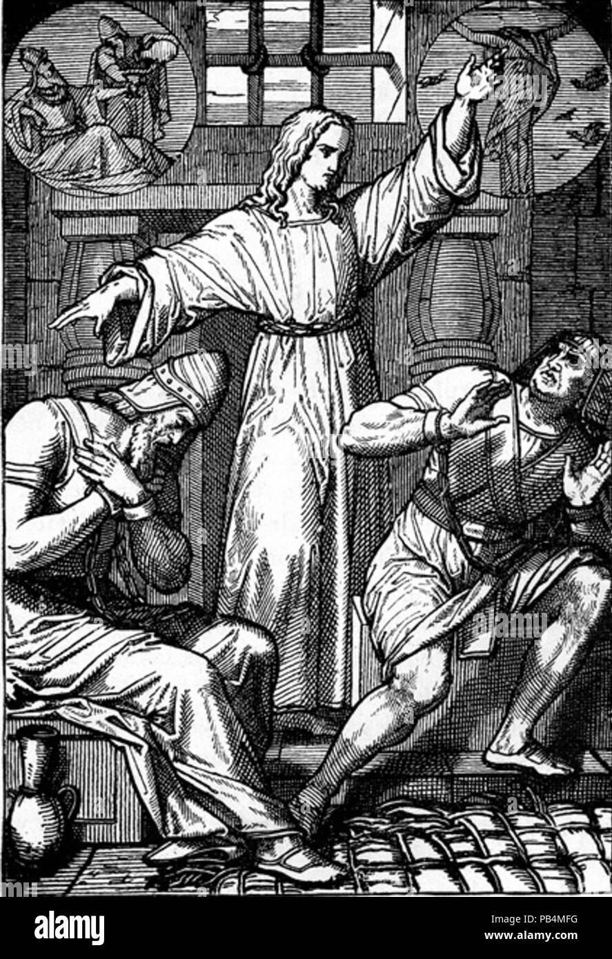 844 Joseph interpretiert die Träume des obersten Schenken und das Haupt des Obersten der Bäcker. Stockfoto