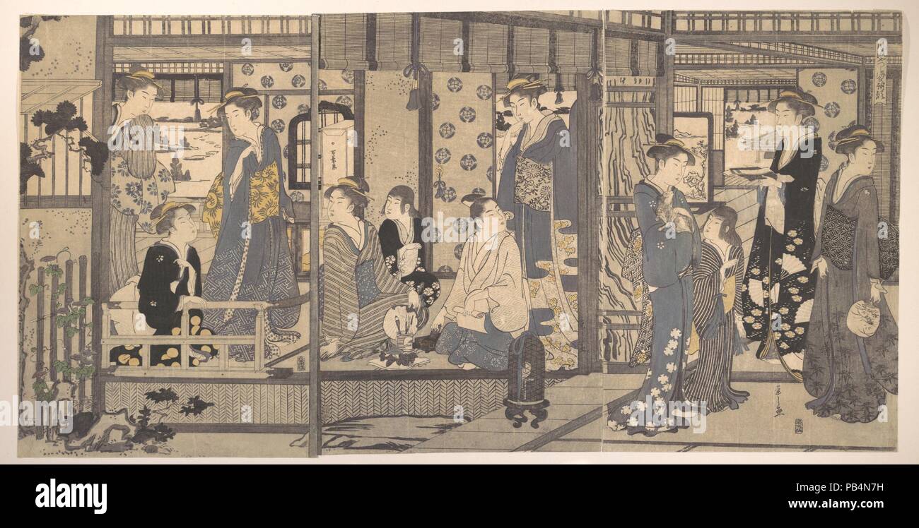 Asagao, aus der Serie "Genji im modernen Gewand" (Furyu yatsushi Genji). Artist: hosoda Eishi (Japanisch, 1756-1829). Kultur: Japan. Abmessungen: a: H.14 cm. (37,8 cm); W. 9 7/8 in. (25,1 cm); b: H.14 cm. (37,8 cm); W. 9 3/4 in. (24,8 cm); c: H.15 in. (38,1 cm); W. 10. (25,4 cm). Datum: 1789. Museum: Metropolitan Museum of Art, New York, USA. Stockfoto