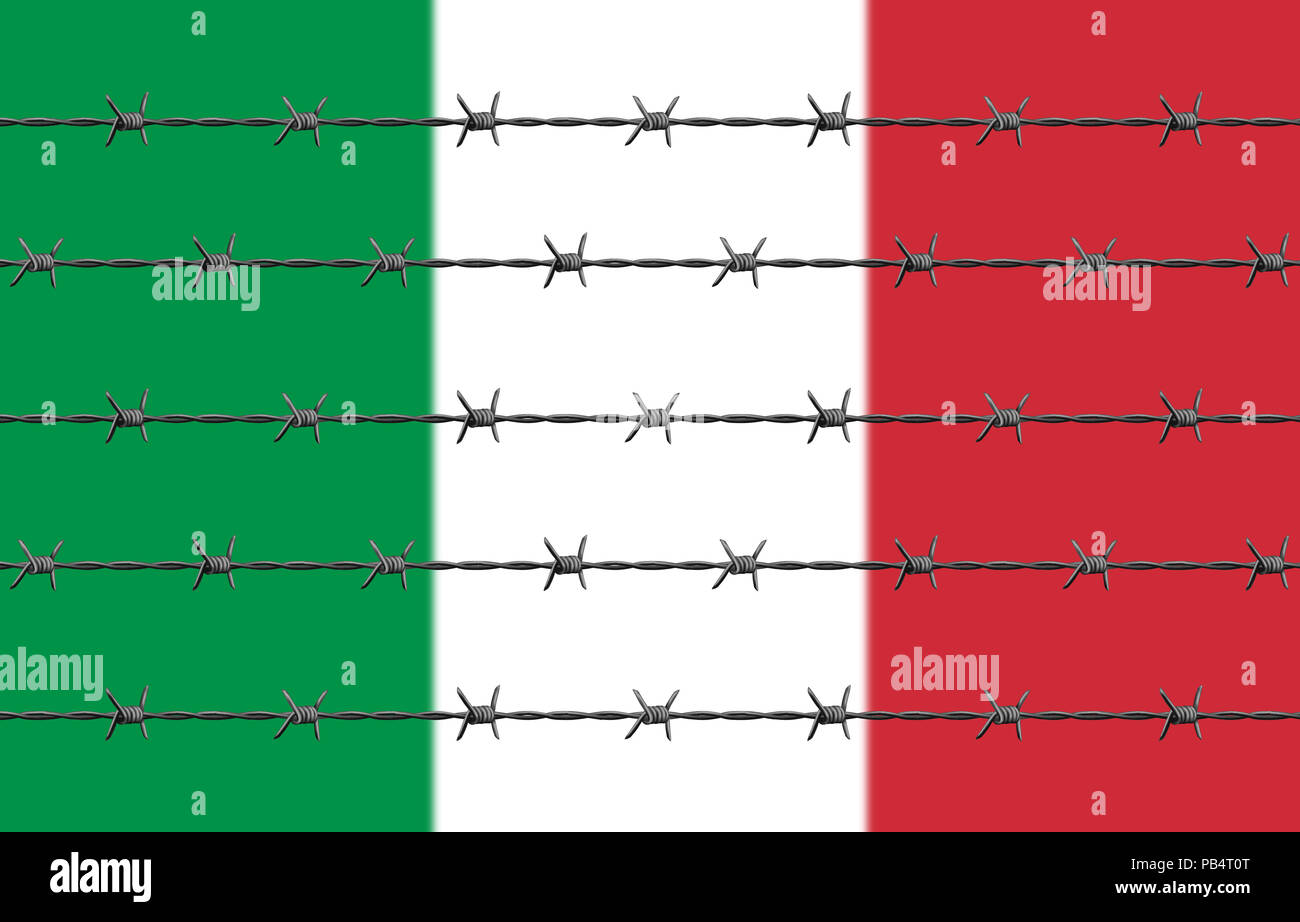 Stacheldraht Vor. Italienische Flagge hinter sich. Stockfoto