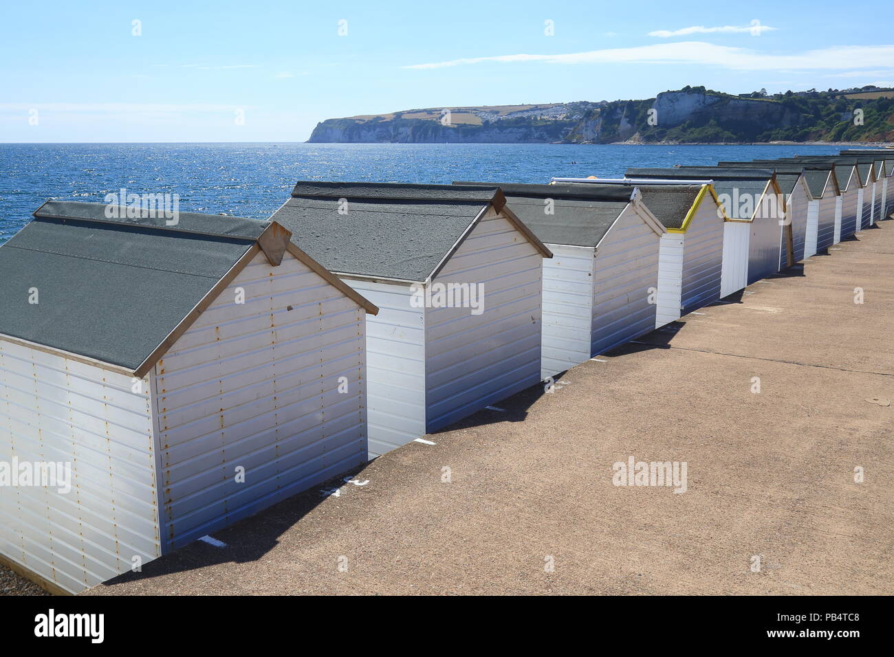 Reihe weißer Strand Hütten in Seaton, Devon Stockfoto