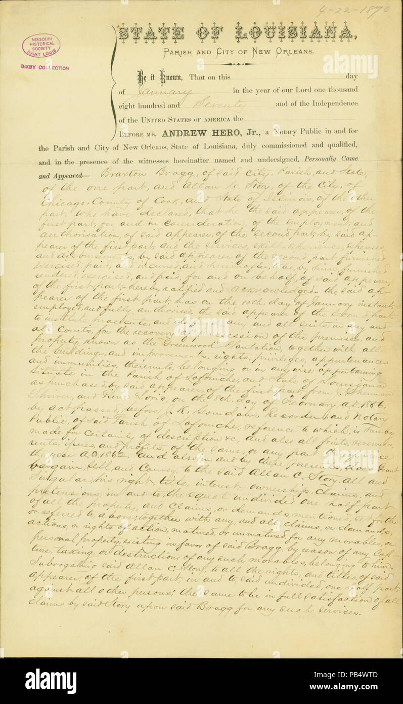 894 rechtliches Dokument über Braxton Bragg's Greenwood Plantage, 22. April 1870 Stockfoto