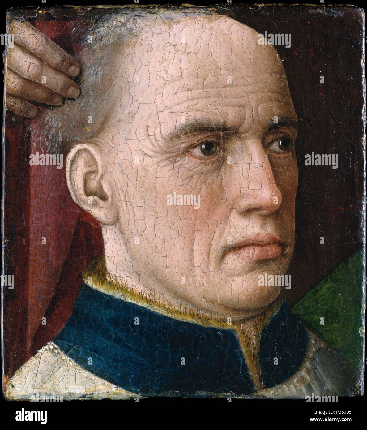 Kopf eines Spenders. Artist: zugeschrieben, Albert van Ouwater (Niederländischen, aktive mid-15th Jahrhundert). Abmessungen: 3 7/8 x 3 1/2 in. (9,8 x 8,9 cm). Datum: Ca. 1460. Ähnlich wie die <i>Spender Präsentiert von einem Heiligen</i> (32.100.41), dieses Portrait wurde aus einem größeren religiösen Arbeiten. Wäre der Mann kniet wurden in Gebet, vielleicht vor einem hingebungsvollen Szene oder heiligen Zahlen. Seine Kleider, ein pelzbesatz Soutane und Plissee surplice, anzuzeigen, daß er ein Priester. Die Fältchen und Falten der Fleisch, ausgeprägter als in Werken von Dieric Bouts und sein Kreis, sind charakteristisch für die Staats- und Regierungschefs in Ae Stockfoto