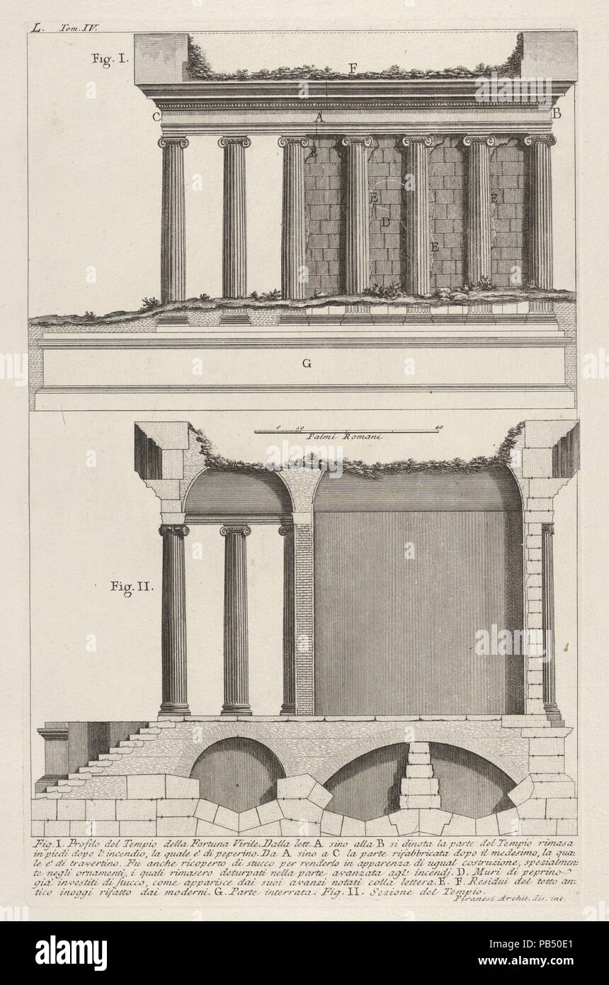 Profil der Tempel der Fortuna Virilis (Profilo del Tempio della Fortuna Virile) und Abschnitt der Tempel, aus der Serie "Le Antichità Romane". Artist: Giovanni Battista Piranesi (Italienisch, Mogliano Veneto Rom 1720-1778). Maße: Blatt: 20 3/8 x 14 13/16-in. (51,8 x 37,6 cm) Platte: 15 3/8 x 9 11/16 in. (39,1 x 24,6 cm). Serie/Portfolio: Le Antichità Romane. Datum: 1756. Museum: Metropolitan Museum of Art, New York, USA. Stockfoto