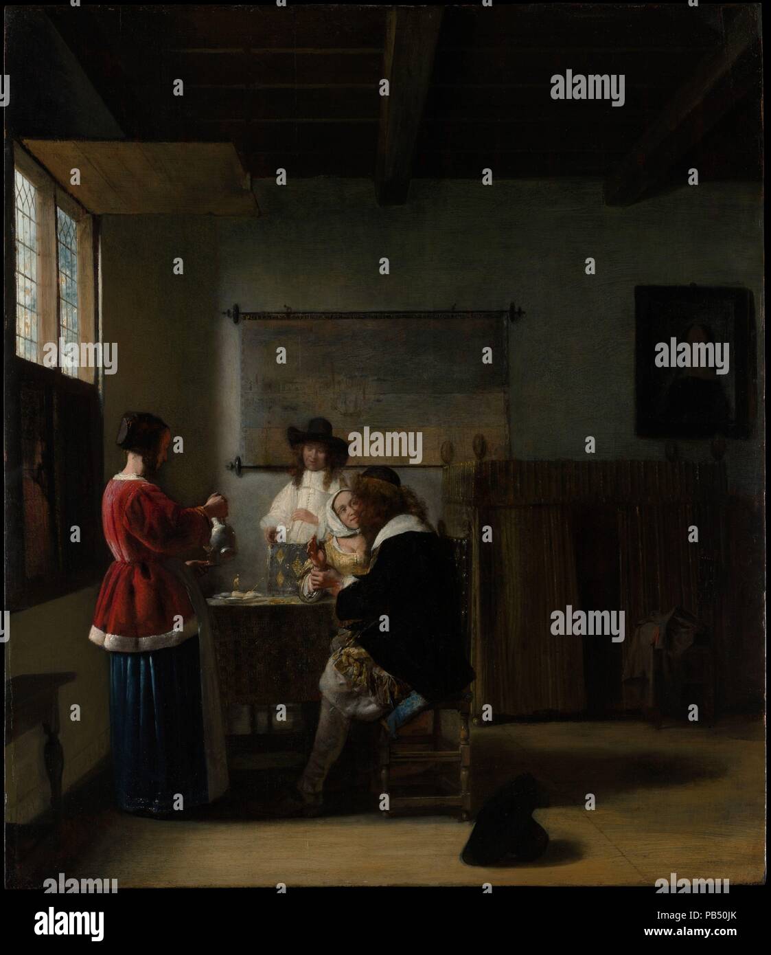 Der Besuch. Künstler: Pieter de Hooch (Niederländisch, Rotterdam 1629-1684 Amsterdam). Abmessungen: 26 3/4 x 23 in. (67,9 x 58,4 cm). Datum: Ca. 1657. Zwei Frauen der unsicheren Ruf unterhalten, meine Herren. Während in schattigen Auswirkungen reichen, dieses Bild ist eines der ersten, in dem De Hooch beschäftigt lineare Perspektive zu konstruieren, eine realistische Innenraum (das Bett, aber underscaled ist). Zu der Zeit war er den Austausch von Ideen mit Vermeer, deren Einfluss ist offensichtlich in den meisten leuchtende Passagen. Der französische Kunstkritiker Thoré-Bürger aus, um diese Anzeige zu Vermeer in seinem wegweisenden Artikel der 186 zugeordnet Stockfoto