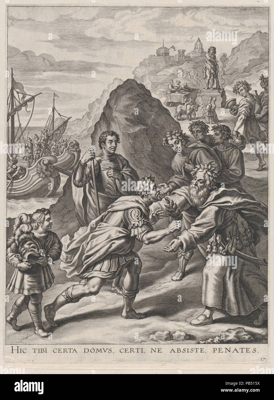 Platte17: Aeneas von König Euandrus in Italien begrüßt; von erenissimi Guillielmus Becanus's Principis Ferdinandi, Hispaniarum Infantis...'. Künstler: Cornelis Galle I (Niederländischen, Antwerpen Antwerpen 1576-1650). Abmessungen: Blatt (getrimmte): 14 3/4 x 10 13/16-in. (37,5 × 27,5 cm). Erschienen in: Antwerpen. Herausgeber: Johannes Meursius (Flämisch, aktive 1620-47). Datum: 1636. Am 28. Januar 1635, die Stadt Gent feierte der Eintrag von Cardinal-Infante Ferdinand von Spanien, dem kürzlich ernannten Gouverneur der Südlichen Niederlande. Eine Gruppe von flämischen Künstlern in Auftrag gegebene Gemälde zu erstellen. Stockfoto