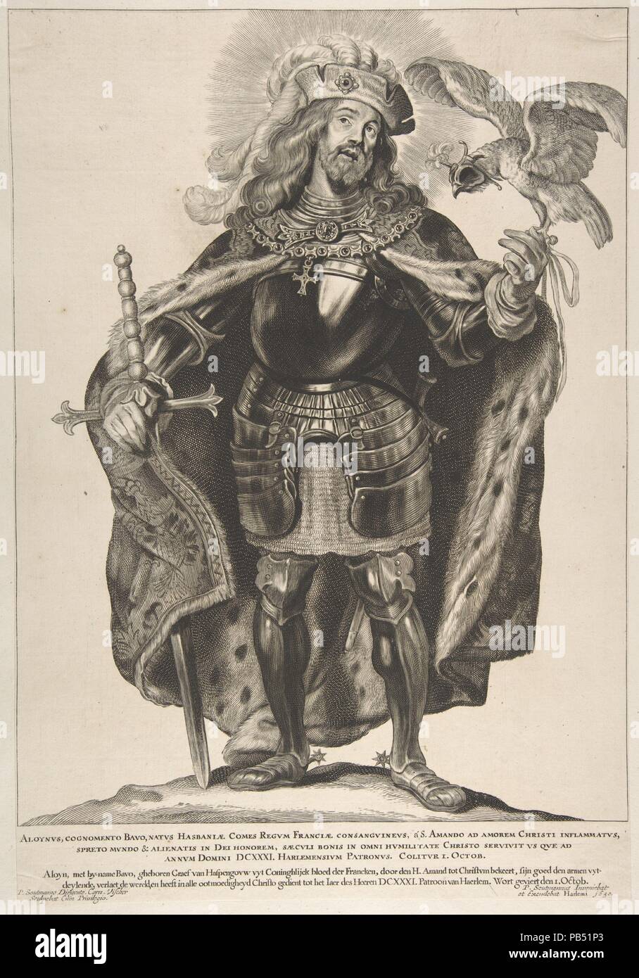 St. Bavo, aus der Serie der Heiligen der Norden und Süden der Niederlande. Artist: Gravur von Cornelis Visscher (Niederländisch, Haarlem (?) 1629-1658 Amsterdam). Künstler und Verleger: Pieter Soutman (Niederländisch, Ca. 1580-1657). Maße: Blatt: 17 1/8 x 11 13/16-in. (43,5 x 30 cm). Serie/Portfolio: Heilige von Norden und Süden der Niederlande. Datum: 1650. Museum: Metropolitan Museum of Art, New York, USA. Stockfoto