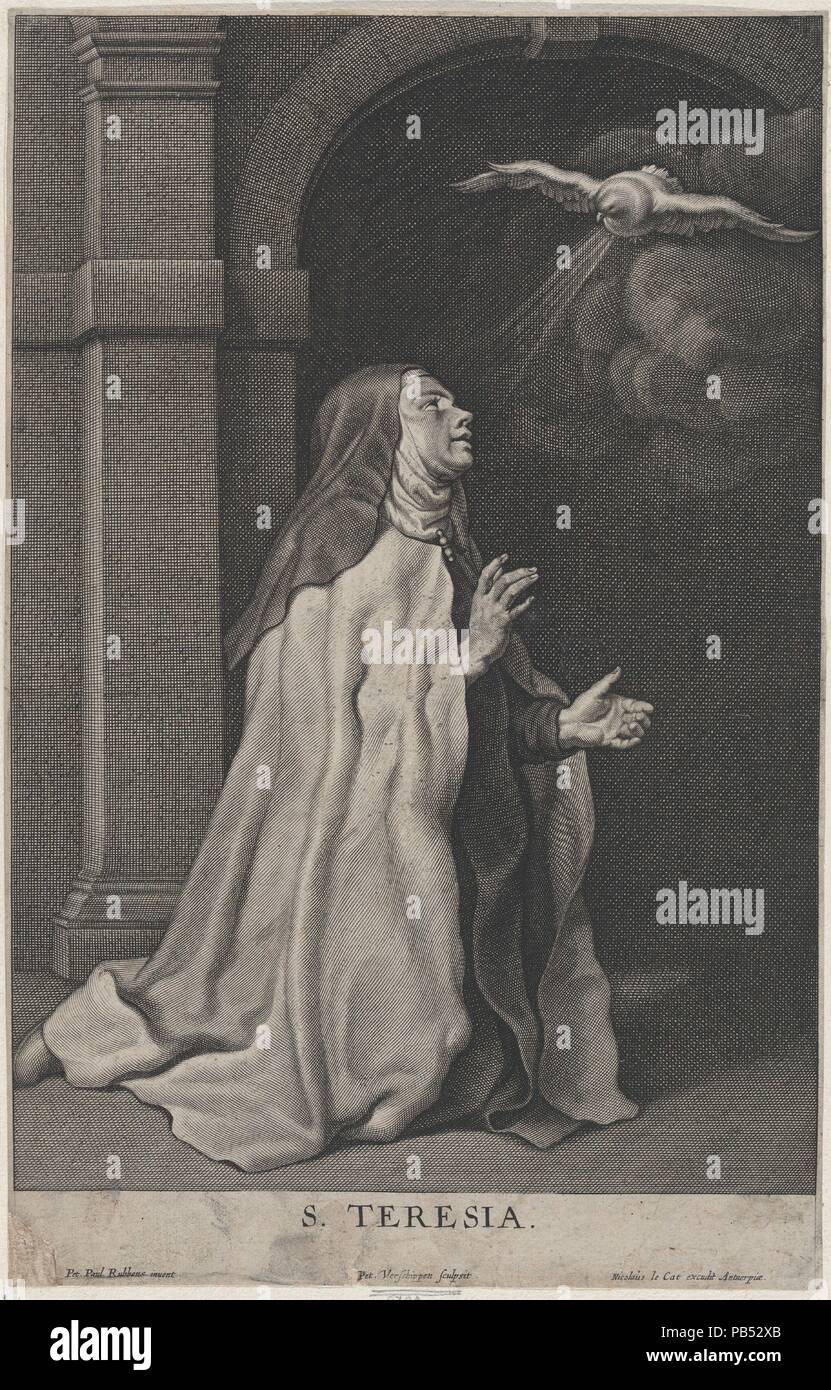 Die heilige Theresa von Avila, die Vision der Taube. Artist: Nach Peter Paul Rubens (Flämische, Siegen 1577-1640 Antwerpen); Pierre van Schuppen (Flandern, Antwerpen 1627-1702 Paris). Abmessungen: Blatt (getrimmte): 12 5/6 x 7 15/16 in. (31,6 × 20,2 cm). Herausgeber: Nicolas Le Cat (Flämisch, aktive Antwerpen, Ca. 1650). Datum: Ca. 1650. Museum: Metropolitan Museum of Art, New York, USA. Stockfoto