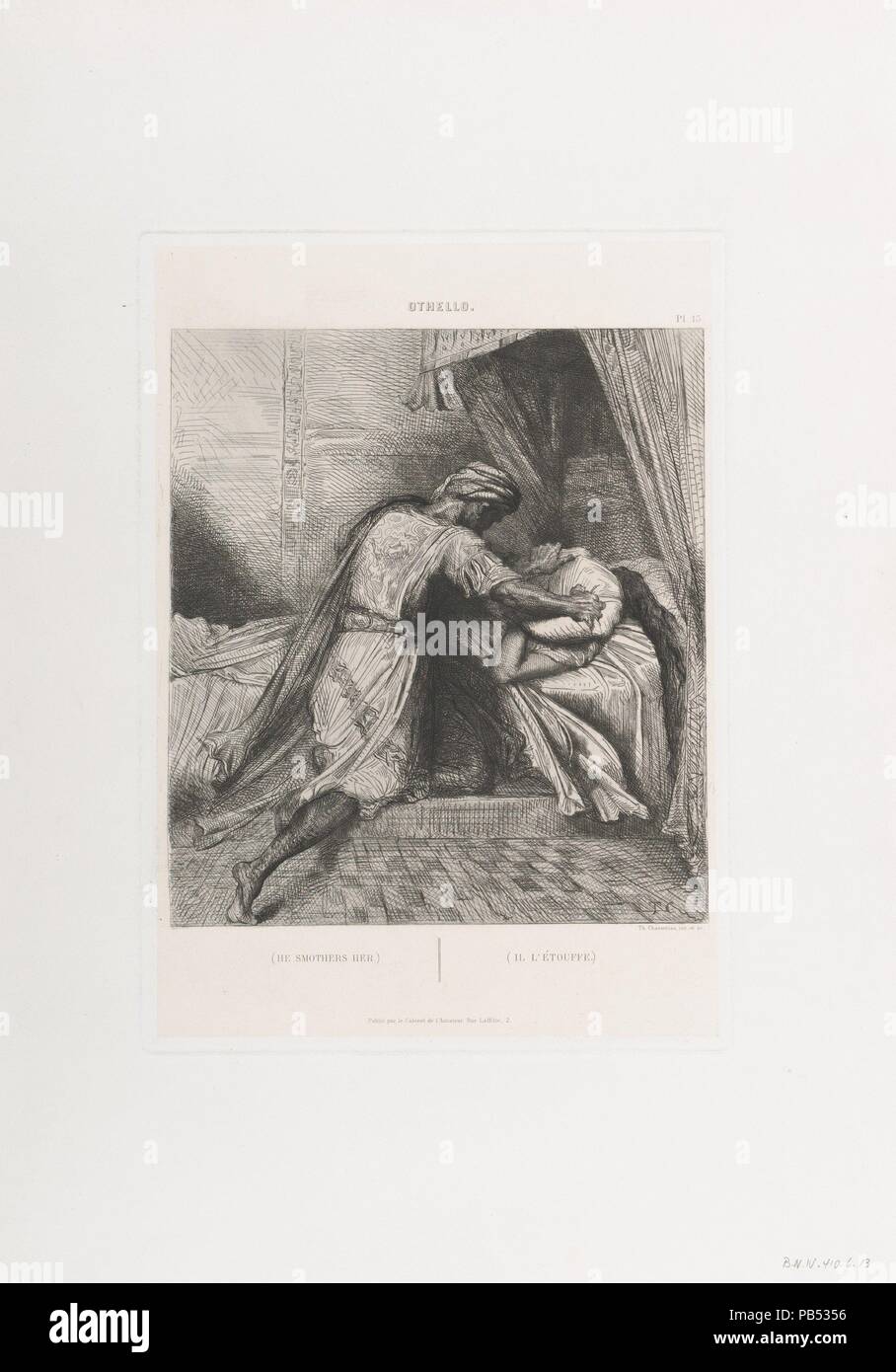 'Er erstickt ihr": Platte 13 von Othello (Akt 5, Szene 2). Künstler: Théodore Chassériau (Französisch, Le Limon, Saint-Domingue, West Indies 1819-1856 Paris). Abmessungen: Platte: 13 11/16 x 9 3/4 in. (34,7 x 24,8 cm) Bild: 9 13/16 x 8 15/16 in. (25 x 22,7 cm). Serie/Portfolio: Suite von 15 Drucke: Shakespeare's Othello/Quinze Esquisses à l'eau-forte et gravées dessinées par Théodore Chasseriau. Betrifft: William Shakespeare (Britisch, Stratford-upon-Avon 1564-1616 Stratford-upon-Avon). Datum: geätzt 1844, Nachgedruckt 1900. 1844 Eugène Piot beauftragt, die jungen Chassériau vorzubereiten 15 i Stockfoto