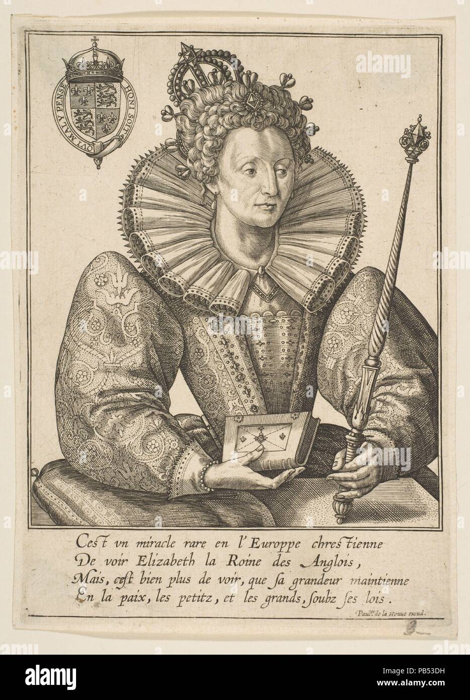 Königin Elisabeth I. von England. Artist: zugeschrieben, Frans Huys (Niederländischen, 1522-1562). Maße: Blatt: 6 7/8 x 5 in. (17,5 x 12,7 cm). Herausgeber: Paul de La Houve (Paris). Sitter: Elisabeth I, Königin von England (1533-1603). Datum: Ende des 16. Anfang des 17. Jahrhunderts. Museum: Metropolitan Museum of Art, New York, USA. Stockfoto