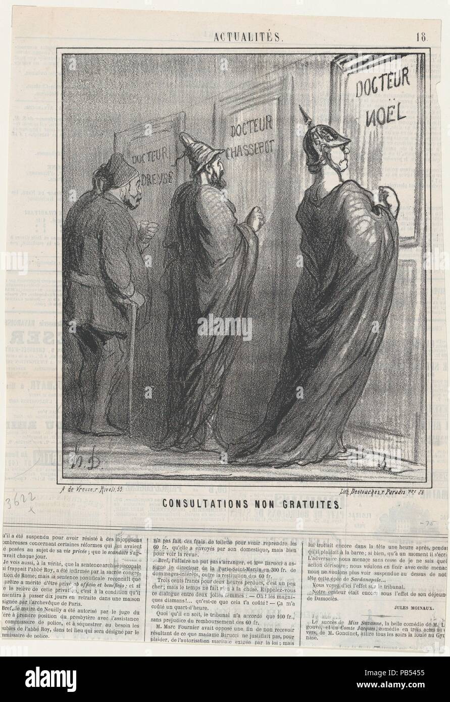 Konsultationen, die nicht kostenlos sind, von "Nachricht des Tages", in Le Charivari, 3. Februar 1868 veröffentlicht. Artist: Honoré Daumier (Französisch, Marseille 1808-1879 Valmondois). Abmessungen: Bild: 9 13/16 x 8 3/16 in. (24,9 × 20,8 cm) Blatt: 14 3/16 in. × 10 in. (36 × 25,4 cm). Drucker: destouches (Paris). Herausgeber: Arnaud de Comblain-la-Tour. Serie/Portfolio: "Nachricht des Tages" (CMS). Datum: Februar 3, 1868. Museum: Metropolitan Museum of Art, New York, USA. Stockfoto