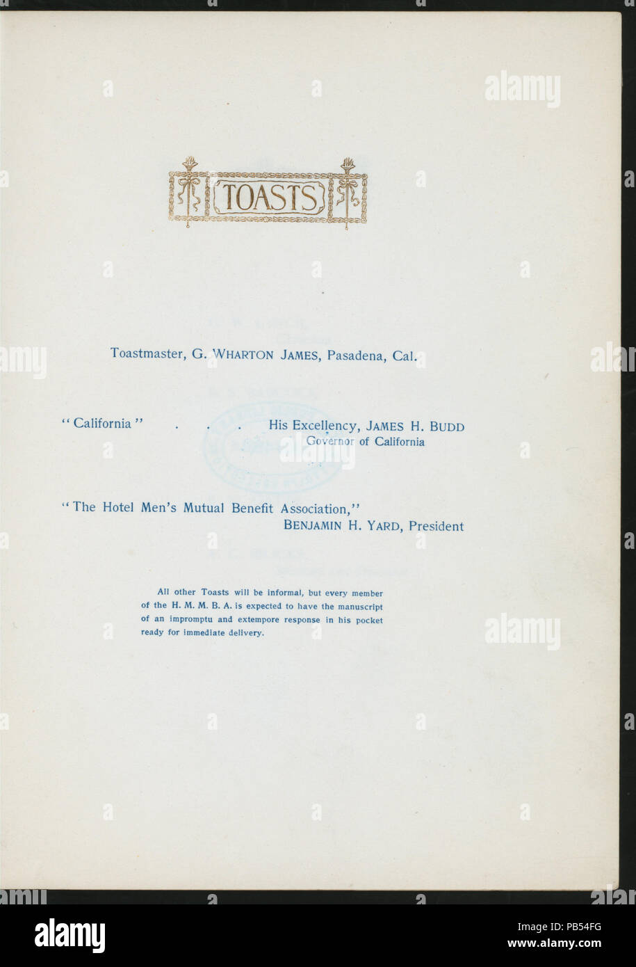 1310 SIEBZEHNTER JAHRESBERICHT ABENDESSEN (Durch) DES HOTEL MÄNNER GEGENSEITIGEN NUTZEN ASSOCIATION DER VEREINIGTEN STAATEN (at) "HOTEL DEL CORONADO, San Diego County, CA "(warm gehalten ;) (NYPL Hades -270751-4000003712) Stockfoto