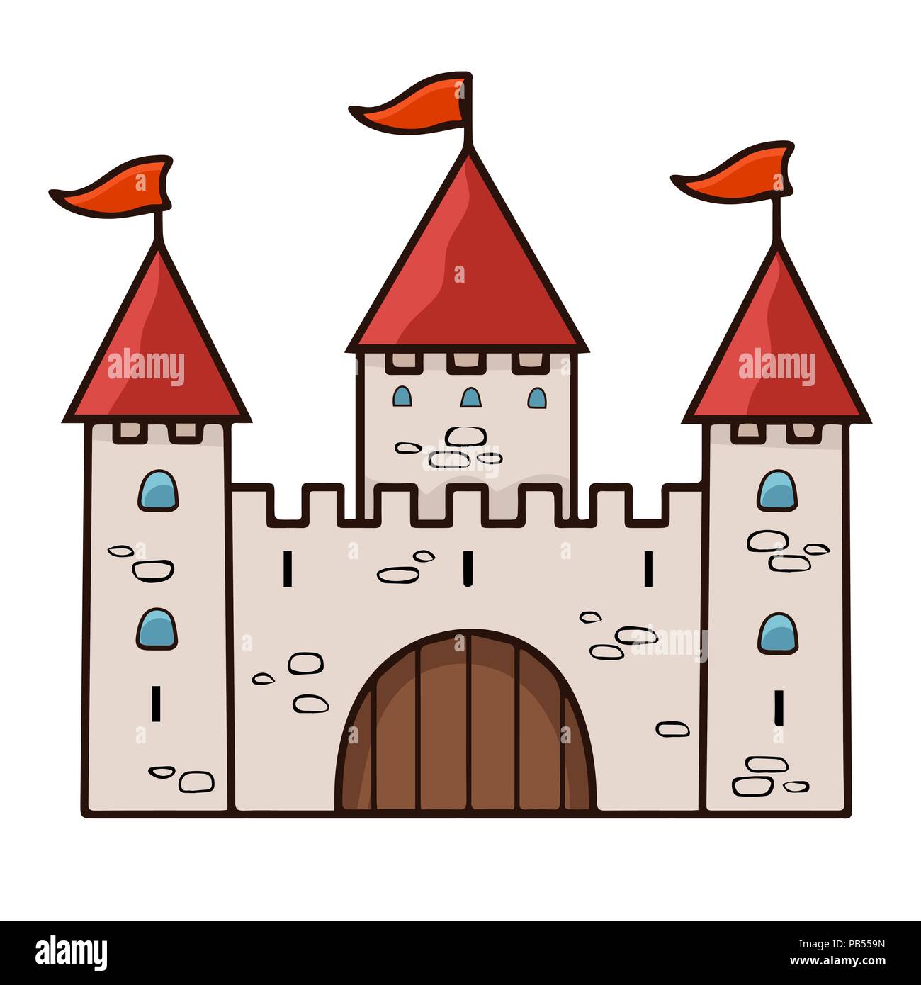 Schloss Cartoon Zeichnen Vector Illustration Stein Beige Gezeichnet Palace Mit Drei Turmen Mit Toren Roten Kuppeln Und Fahnen Auf Weissem Hintergrund Stock Vektorgrafik Alamy