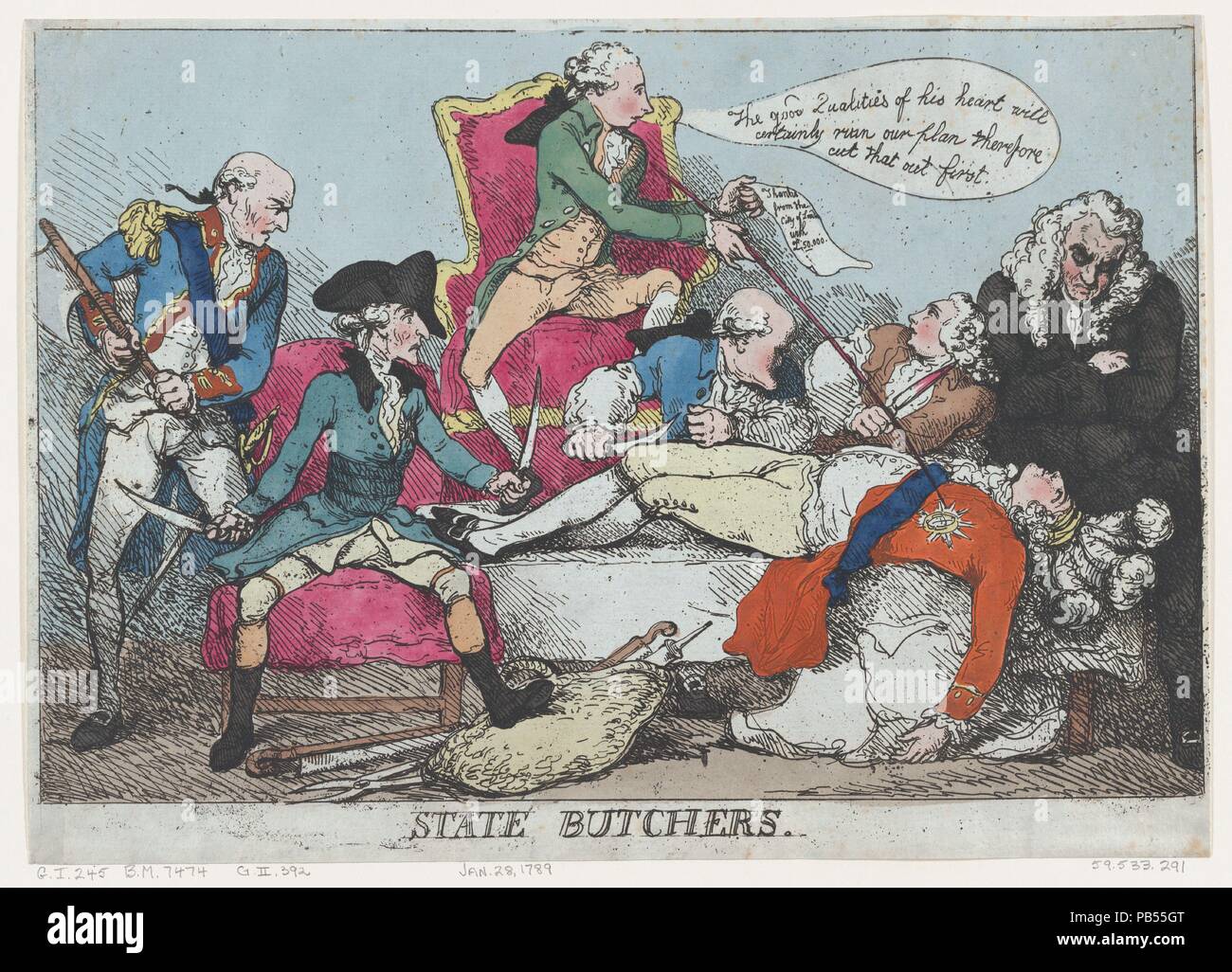 Zustand Metzger. Artist: Thomas Rowlandson (Briten, London 1757-1827 London). Maße: Blatt: 10 1/8 x 14 5/8 in. (25,7 × 37,2 cm). Betrifft: George Prinz von Wales (Briten, London 1762-1830 Windsor); Edward Baron Thurlow (Briten, Norfolk Brighton 1731-1806); William Pitt (British, 1759-1806); Henry Dundas, 1st Viscount Melville (Britisch, Edinburgh, 1742-1811); Augustus Henry Fitzroy, 3. Herzog von Grafton; Thomas Townshend, 1. Viscount Sydney (Briten, Raynham 1733-1800 Sidcup). Datum: 28. Januar 1789. Museum: Metropolitan Museum of Art, New York, USA. Stockfoto