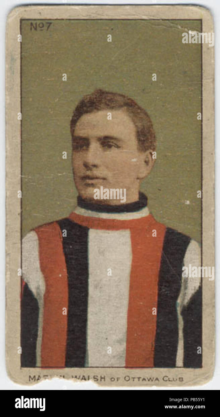 . Englisch: Martin Walsh. Diese Karten wurden in Zigarettenschachteln, C. 1910-12 und waren nur als Hockey & Baseball Karten von Bubble gum Pakete sind heute gesammelt. Inschrift: Eingeschrieben recto: U.l. 'Nein. 7' im Druck, im unteren Rand BIN EIN [RTIN] WALSH von Ottawa CLub" im Druck, Beschriftung teilweise zerstört; verso von oben nach unten "HOCKEY-Serie/MARTIN WALSH,/Ottawa/Mit/Kingston/1906/Camadian Soo,/1907/Ottawa/1909 bis 1910' im Druck gespielt. Zwischen 1910 und 1912 1001 Martin Walsh Stockfoto
