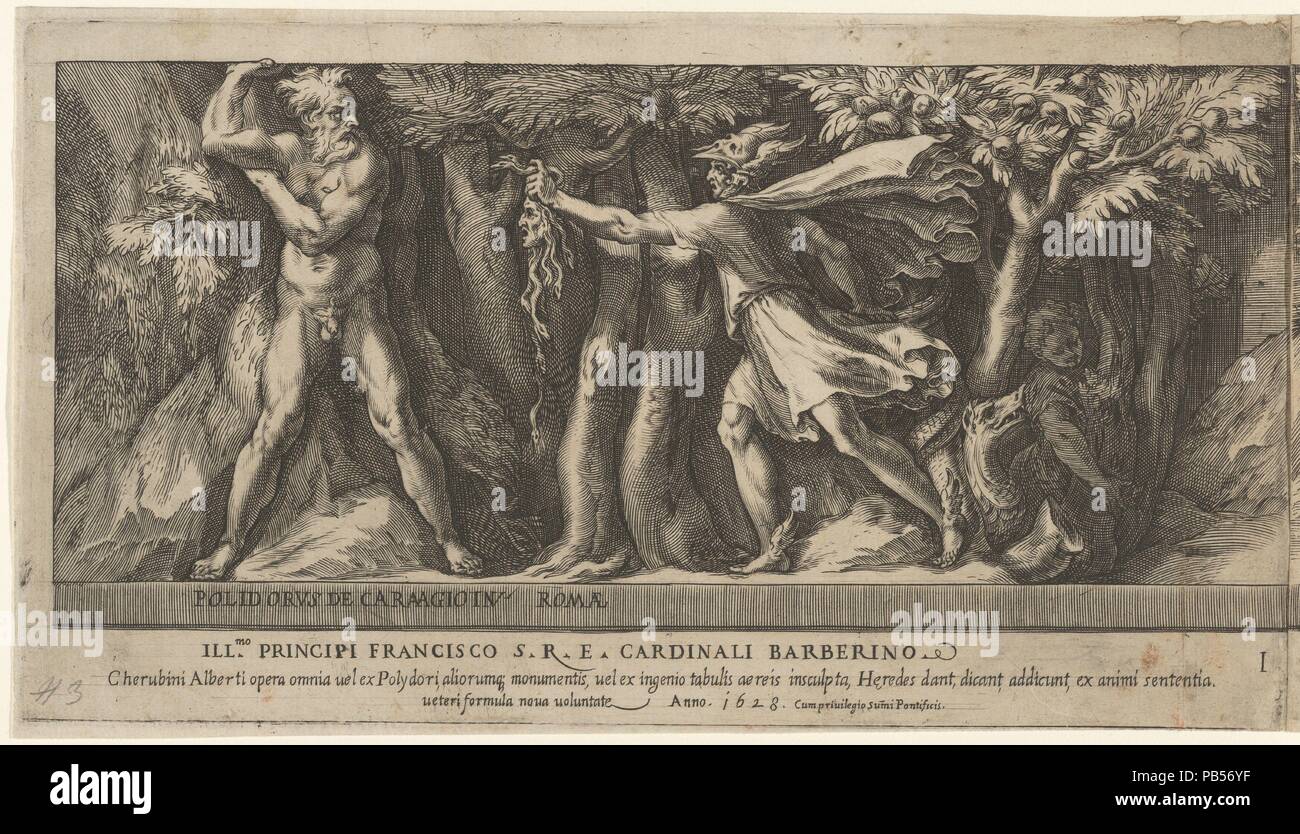 Perseus ändern Atlas in eine mountan mit dem Kopf der Medusa, von Perseus und die goldenen Äpfel. Artist: Cherubino Alberti (Zaccaria Mattia) (Italienisch, Borgo Sansepolcro 1553-1615 Rom); Nach Polidoro da Caravaggio (Italienisch, Caravaggio Ca. 1499-ca. 1543 Messina). Maße: Blatt: 6 3/4 × 11 13/16-in. (17,2 × 30 cm). Serie/Portfolio: Perseus und die goldenen Äpfel. Datum: 1570-1615. Museum: Metropolitan Museum of Art, New York, USA. Stockfoto