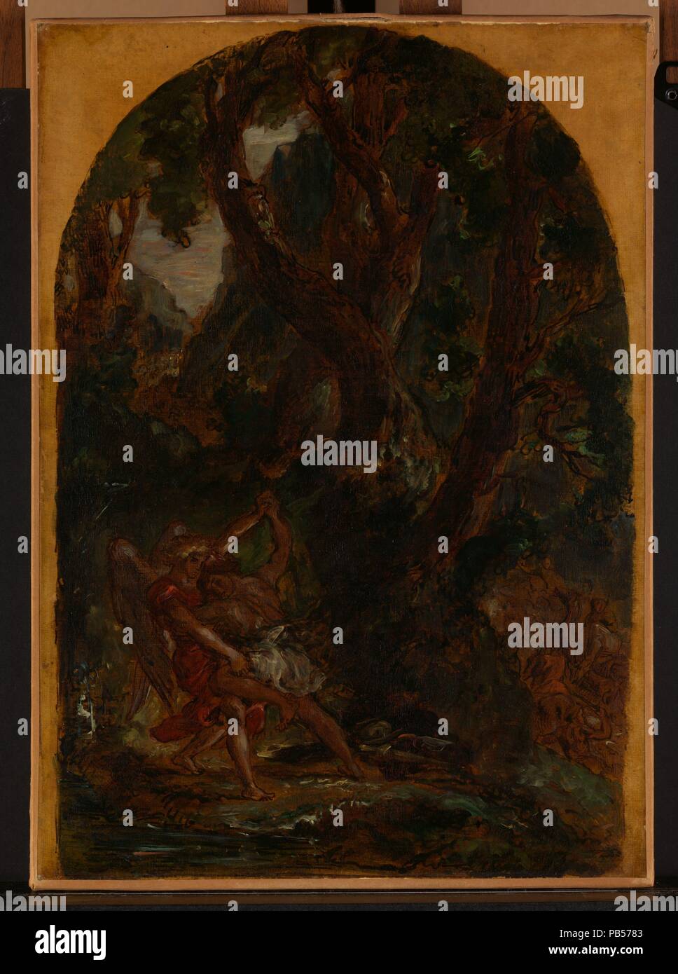 Jakobs Kampf mit dem Engel. Künstler: Eugène Delacroix (Französisch, Charenton-Saint-Maurice 1798-1863 Paris). Maße: Blatt: 22 3/8 in. X 16 in. (56,8 × 40,6 cm) Gerahmt: 29 × 22 cm. (73,7 × 57,2 cm). Datum: 1850. Delacroix stellte Jakob und der Engel miteinander verknüpft und kämpfen in einer kleinen Lichtung unter einer üppigen Bäumen in seiner Interpretation des Buches Genesis (32:24-32). Die Zusammensetzung wird die Form der gewölbten Wand in der Kapelle der Heiligen Engel in der Kirche von Saint-Sulpice, Paris, für die er entwickelt wurde. Dies ist die am weitesten entwickelte der vorbereitenden Skizzen Stockfoto