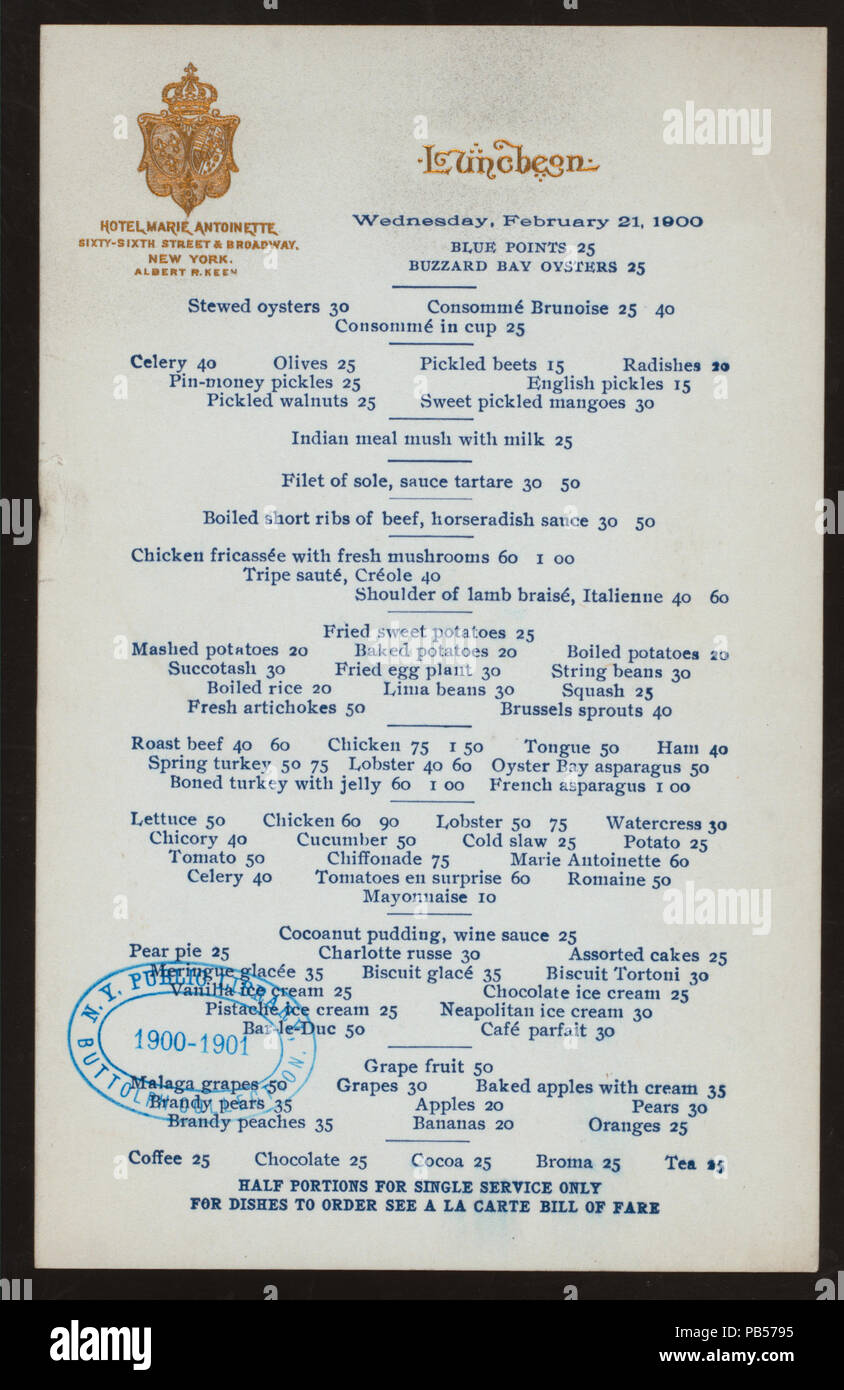 970 Mittagessen (by) HOTEL MARIE ANTOINETTE (at) "66 TH STREET UND BROADWAY, NEW YORK, NY" (HOTEL gehalten ;) (NYPL Hades -272890-475858) Stockfoto