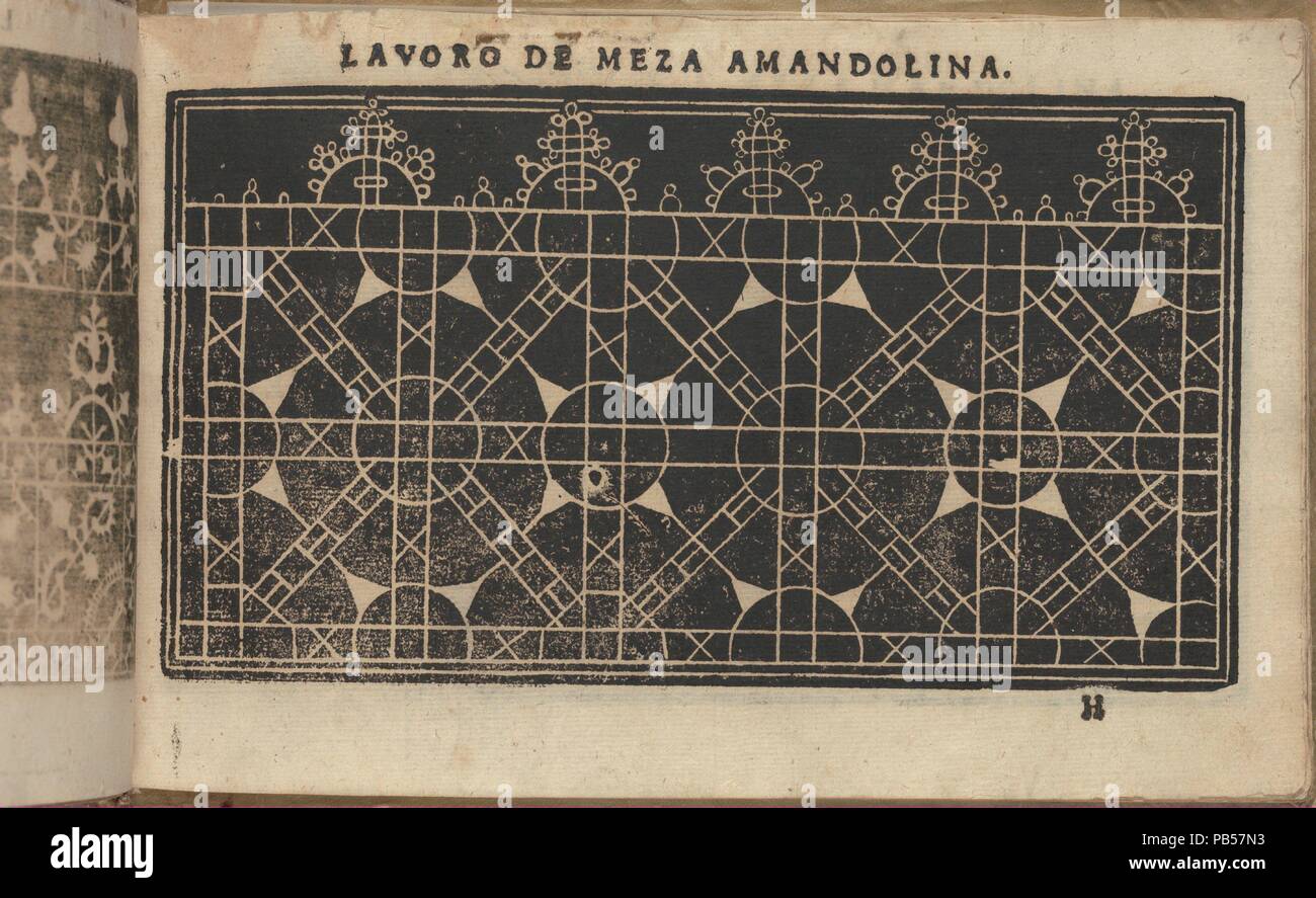 Studio delle wirbelnden Rondothema fort, Dame, Seite 25 (recto). Designer: Isabella Catanea Parasole (Italienisch, Ca. 1565/70 - Ca. 1625). Abmessungen: Insgesamt: 5 1/2 x 8 1/16 in. (14 x 20,5 cm). Herausgeber: Antonio Fachetti, Rom. Datum: 1597. Von Isabella Catanea Parasole, Italienisch konzipiert, Ca. 1575-ca. 1625 von Antonio Fachetti, Rom veröffentlicht. Von oben nach unten und von links nach rechts: Design aus 2 horizontalen Registern. Startseite Registrieren ist schmaler und ist mit 5 dreieckigen Motive durch eine Gruppierung von runden Formen gebildet eingerichtet. Unteren Registers ist breiter und ist mit Diamanten verziert mit einem Muster von eingerichtet Stockfoto