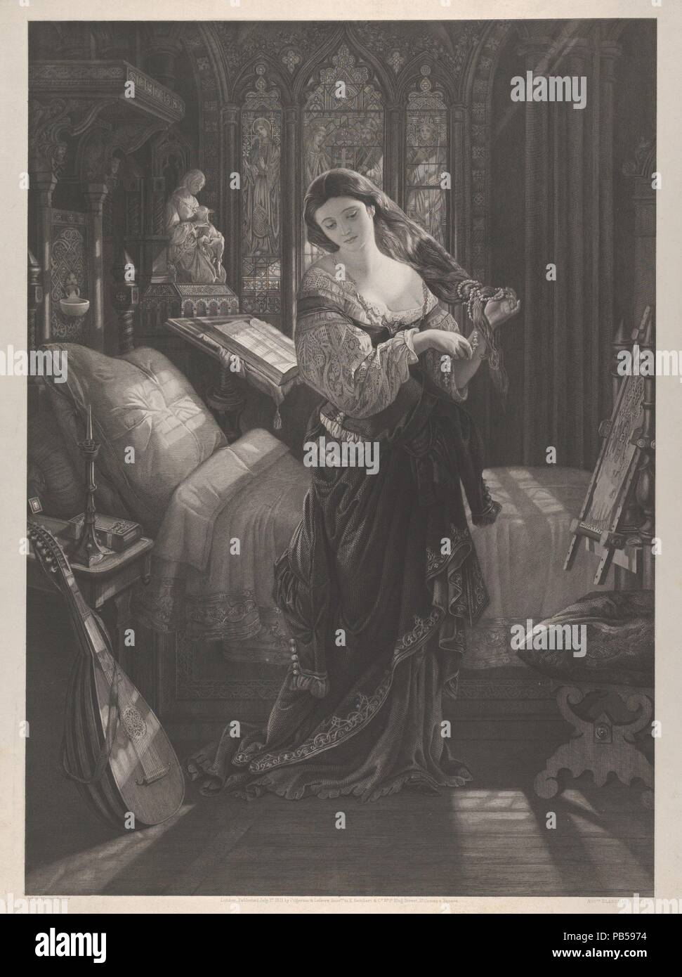Madeline nach dem Gebet (von John Keats, am Vorabend des St. Agnes, Strophe 19 Zeilen 4-5). Artist: Nach Daniel Maclise (Irland, Cork 1806-1870 London). Abmessungen: Bild: 24 3/16 x 17 3/8 in. (61,5 × 44,1 cm) Blatt: 28 1/4 x 20 7/8 in. (71,6 × 53 cm). Engraver: Auguste-Thomas-Marie Blanchard (Französisch, Paris 1819-1898 Paris). Herausgeber: Pilgeram & Lefèvre (London). Datum: Juli 1, 1871. Ein versierter Maler der Geschichte und Drama, Maclise kam in der Nähe der Präraffaeliten spät in seiner Karriere, als er malte Madeline nach dem Gebet (1868; Guildhall Art Gallery, London), von John Keats des Ev inspiriert Stockfoto