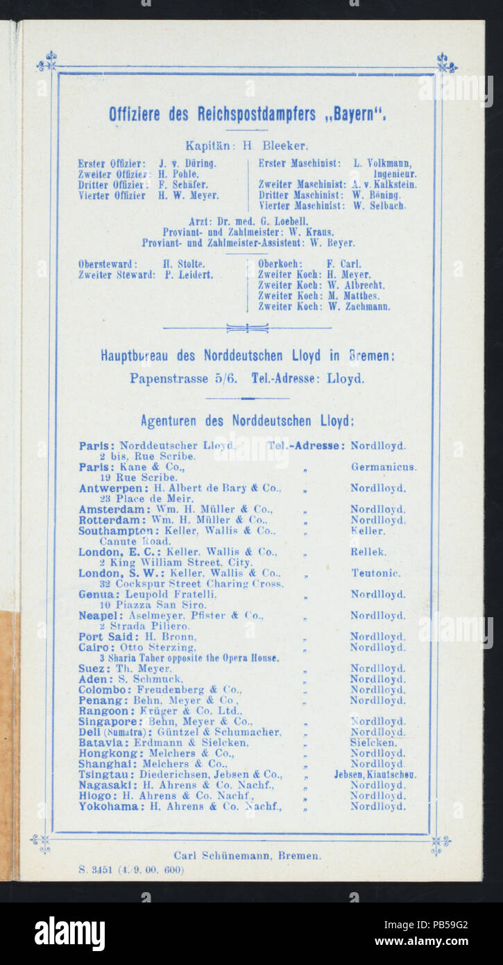 1172 Passagier Liste (von) KAISERLICH DEUTSCHE REICHSPOSTDAMPFER-LINIE - NORDDEUTSCHER LLOYD BREMEN (at) REICHSPOSTDAMPFER BAYERN gehalten; (SS; ausländische ;) (NYPL Hades -274553-4000010757) Stockfoto
