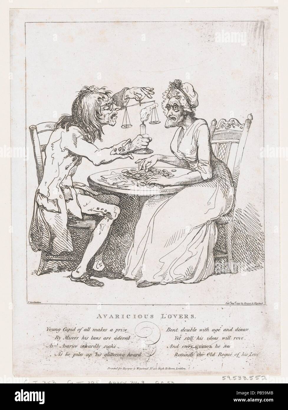 Habgierigen Liebhaber. Artist: Nach George Moutard Woodward (Britisch, Ca. 1760-1809 London). Maße: Blatt: 10 11/16 x 7 7/8 in. (27,2 × 20 cm). Plasmaätzer: Thomas Rowlandson (Briten, London 1757-1827 London). Herausgeber: Henry Wigstead (British, 1745?-1800 Margate); Samuel Hooper (Briten, aktive London, 1771-88). Datum: August 1, 1797. Museum: Metropolitan Museum of Art, New York, USA. Stockfoto