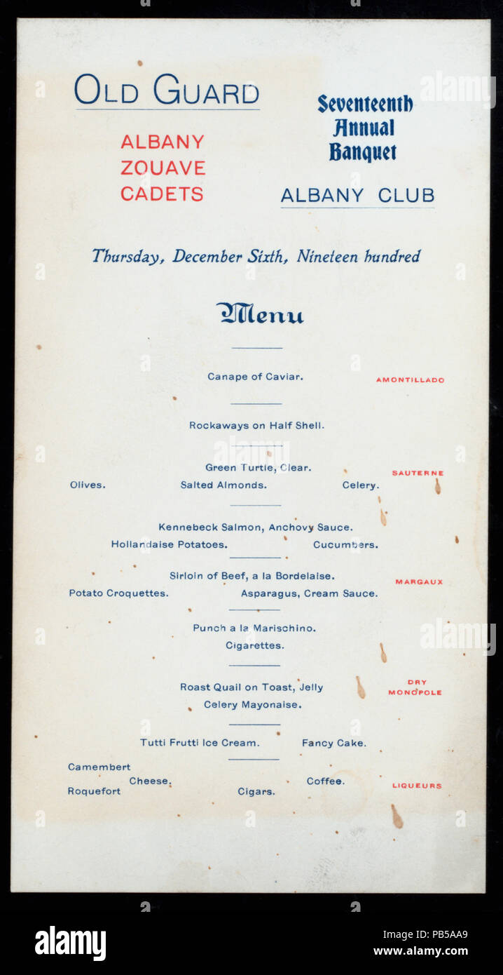 1310 SIEBZEHNTER JAHRESBERICHT BANKETT (Besitz) ALBANY ZOUAVE KADETTEN ALTE GARDE (at) "ALBANY CLUB, (Albany, NY)" (andere (private Club) ;) (NYPL Hades -275156-476255) Stockfoto