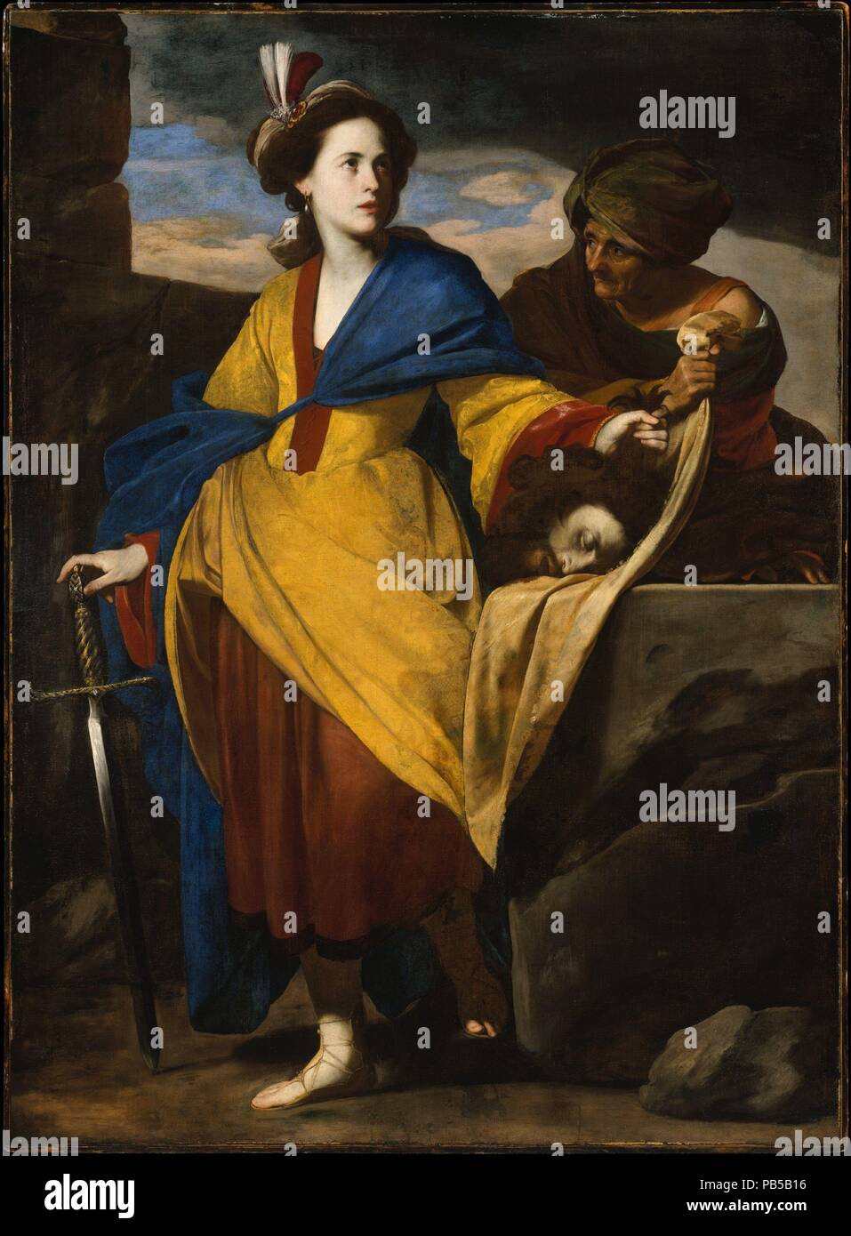 Judith mit dem Haupt des Holofernes. Artist: Massimo Stanzione (Italienisch, Neapolitanisch, 1585-1656). Abmessungen: 78 1/2 x 57 1/2 in. (199,4 x 146,1 cm). Datum: Ca. 1640. Das Thema der Malerei ist der Biblischen jüdischen Heldin Judith, die Mutig zum Lager der belagerten Assyrer ging, befragte die feindlichen General Holofernes mit Getränk, und ihm den Kopf abhauen. Ein Emblem der Tugend, sie von einem Diener begleitet und zeigt ihre Trophäe, ihr Kopf drehte sich in Richtung Himmel. Stanzione's Arbeit wurde von der: Bellotto geprägt, sondern er war auch interessiert an der kompositorischen Suavity von Guido Reni. Stockfoto