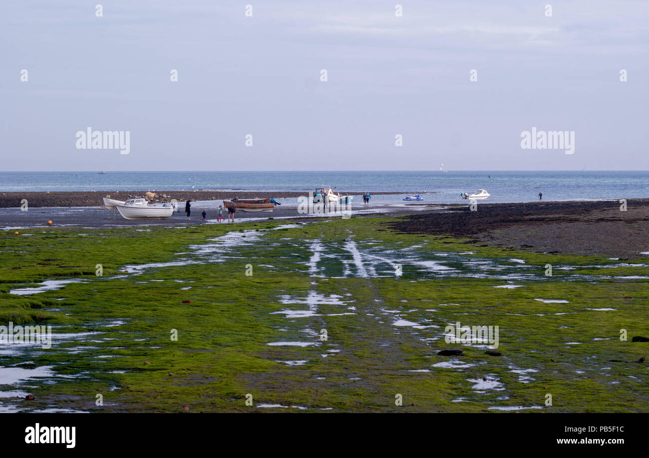 Fischerboote auf dem Meer in Robin Hoods Bay in der Nähe von Whitby, North Yorkshire Stockfoto