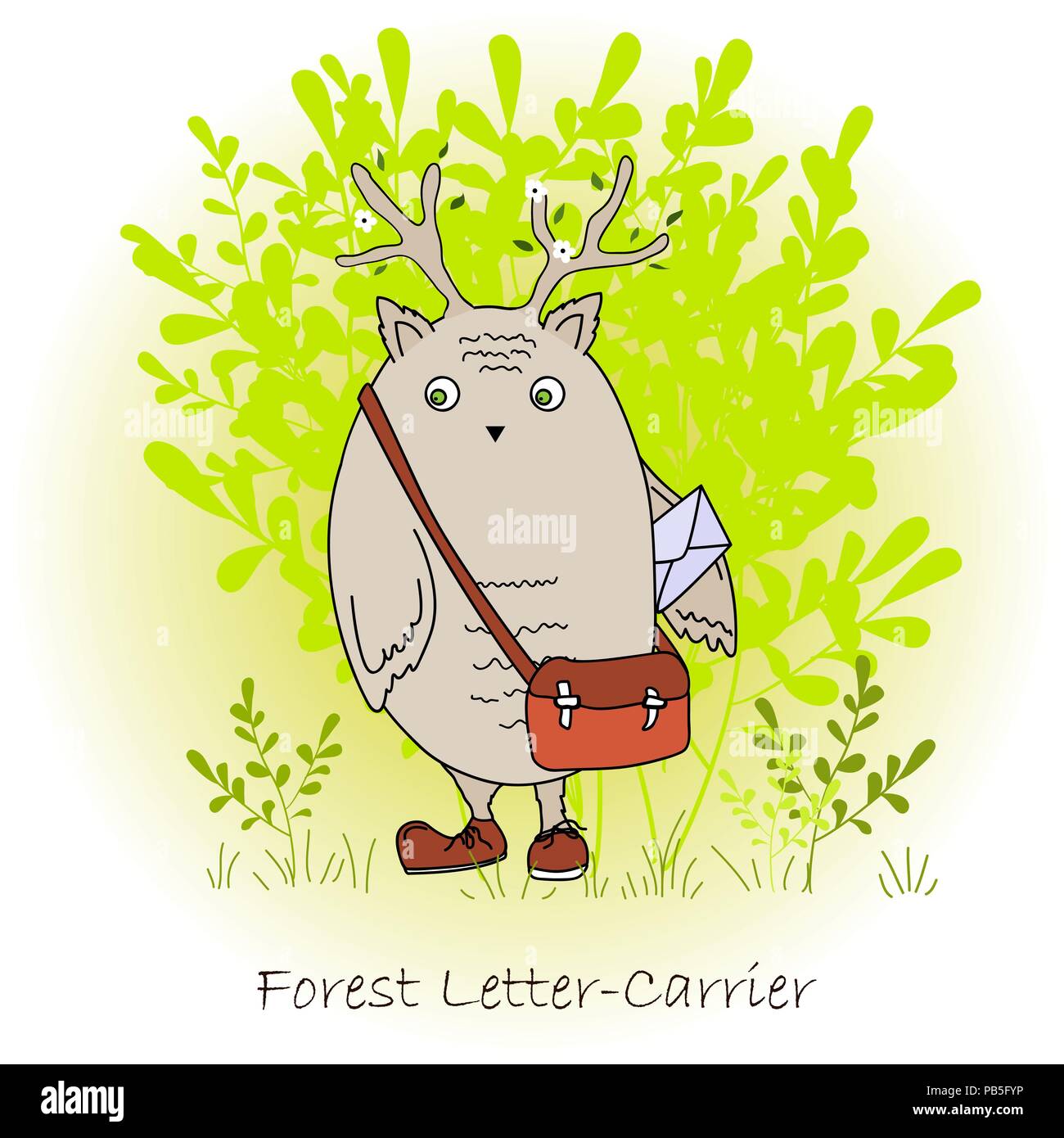 Bunt süß Monster mit Tasche und Schreiben, Wald Briefträger. Wald schreiben - Träger Zeichen gedruckt. Vector Illustration Stock Vektor