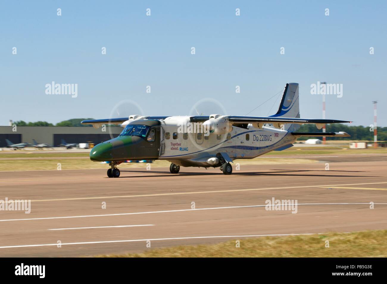 RUAG Aviation - Dornier 228 an RAF Fairford Teil im Static Display auf der 2018 Royal International Air Tattoo zu nehmen Stockfoto