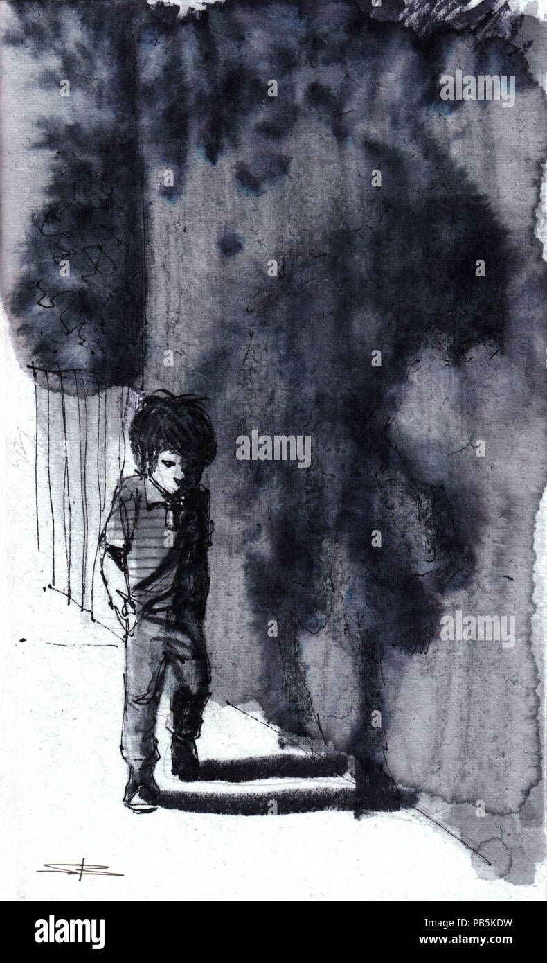 Junge wandern mit Werwolf Schatten in gruselige Szene Stockfoto