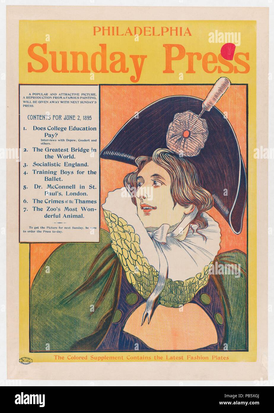 Werbung für Philadelphia Sonntag Presse: Juni 2, 1895. Artist: George Reiter Brill (Amerikanische, Pittsburgh, Pennsylvania 1867-1918 Florida). Maße: Blatt: 19 3/4 x 13 1/2 in. (50,1 x 34,3 cm.). Datum: 1895. Museum: Metropolitan Museum of Art, New York, USA. Stockfoto