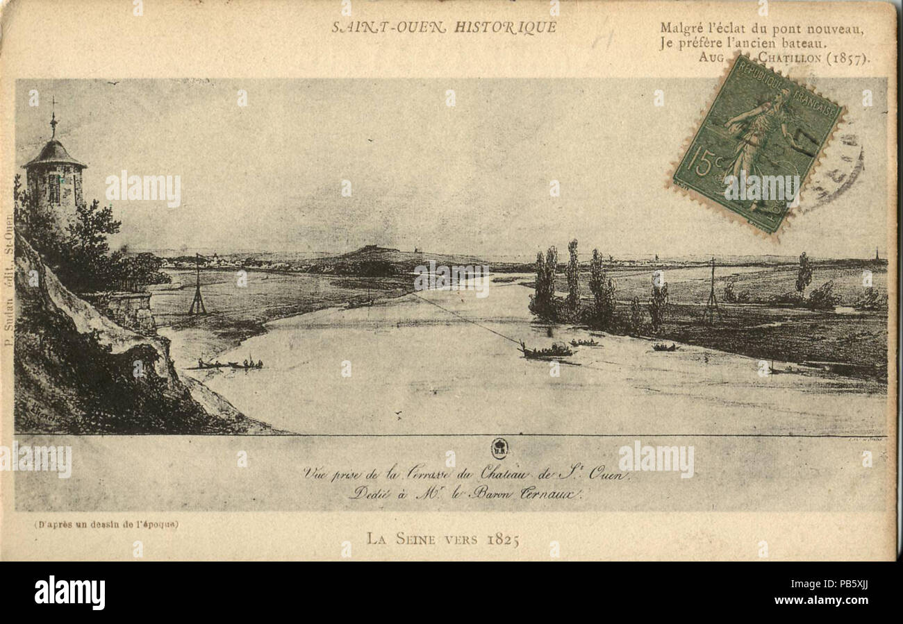 . Français: Carte postale Ancienne, sans erwähnen d'Éditeurs: Saint-ouen Historique - La Seine Vers 1825 après (d'un Dessin de l'époque): Vue prise de la terrasse du Château de Saint-Ouen, dédié à M. Le Baron Ternaux. Vor dem 25. April 1917 800 INCONNU - ST. Ouen Historique - La Seine Vers 1825 Stockfoto