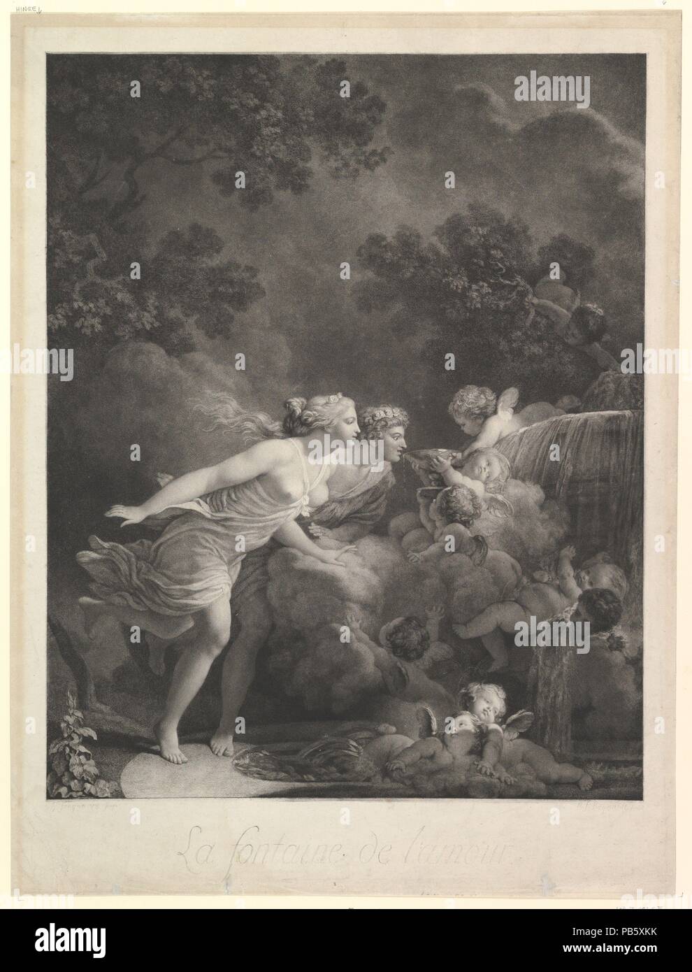 La Fontaine d'Amour. Artist: Nach Jean Honoré Fragonard (Französisch, Grasse Paris 1732-1806). Maße: Blatt: 24 15/16 x 19 in. (63,4 x 48,3 cm) Bild: 23 7/16 x 16 15/16 in. (59,5 x 43,1 cm). Engraver: Gravur von Nicholas François Regnault (Französisch, Paris 1746-1810). Datum: 1785. Museum: Metropolitan Museum of Art, New York, USA. Stockfoto