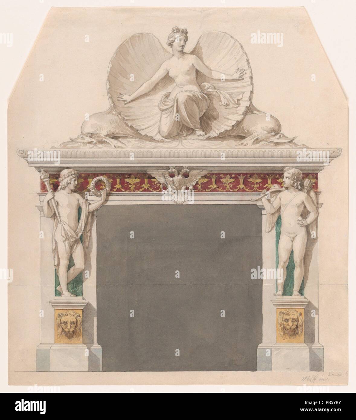 Design für einen Schornstein Stück mit Figuren von Venus und Amor eingerichtet. Artist: Emil Wolff (Deutsch, Berlin 1802-1879 Rom). Maße: Blatt: 12 13/16 x 7 5/8 in. (32,5 × 19,3 cm). Datum: Ca. 1835-50. Museum: Metropolitan Museum of Art, New York, USA. Stockfoto