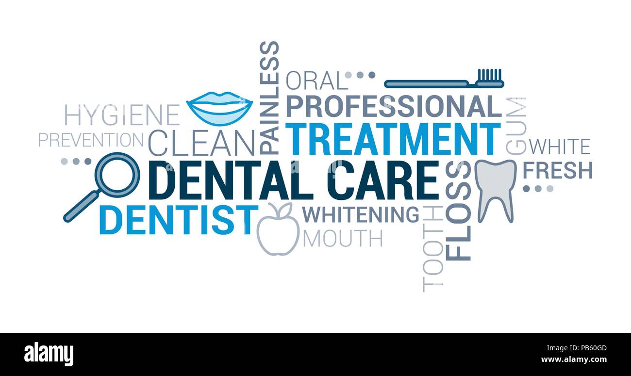 Zahnpflege, Kieferorthopädie und Hygiene tag cloud mit Symbole und Konzepte Stock Vektor